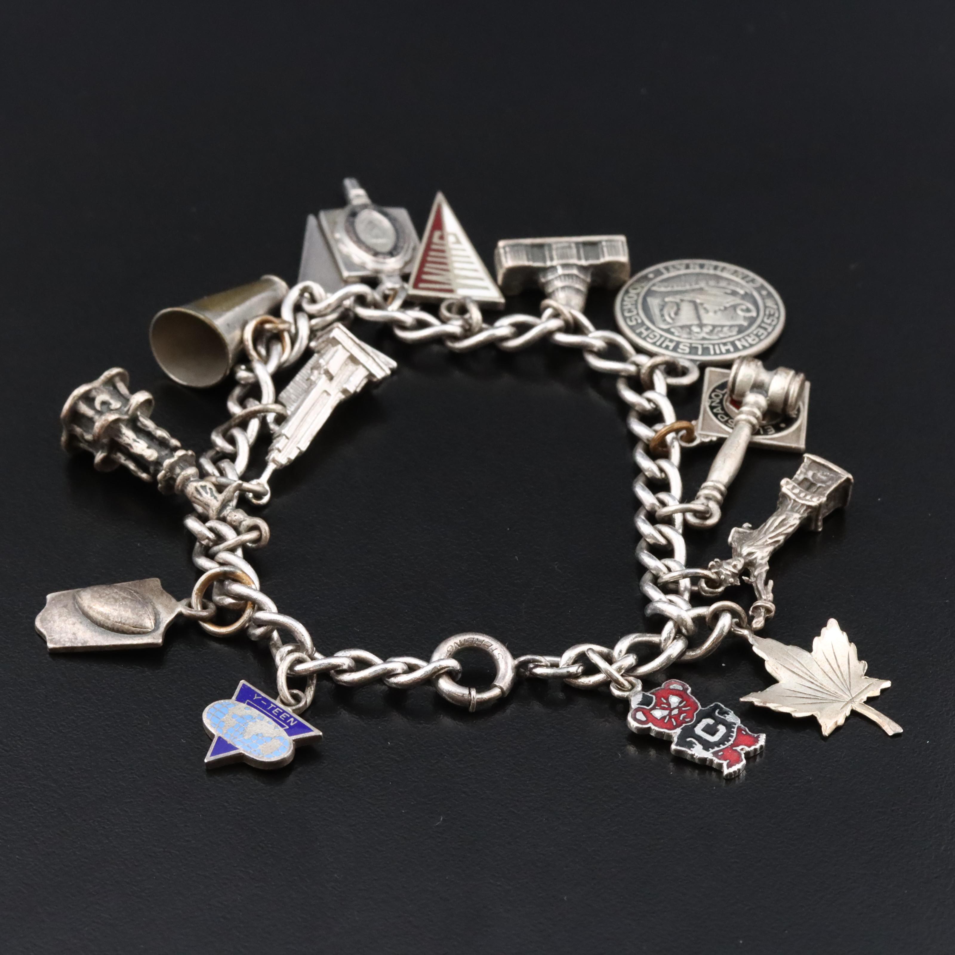 Vintage Charm Bracelet Featuring Sterling, Cincinnati and Travel Charms