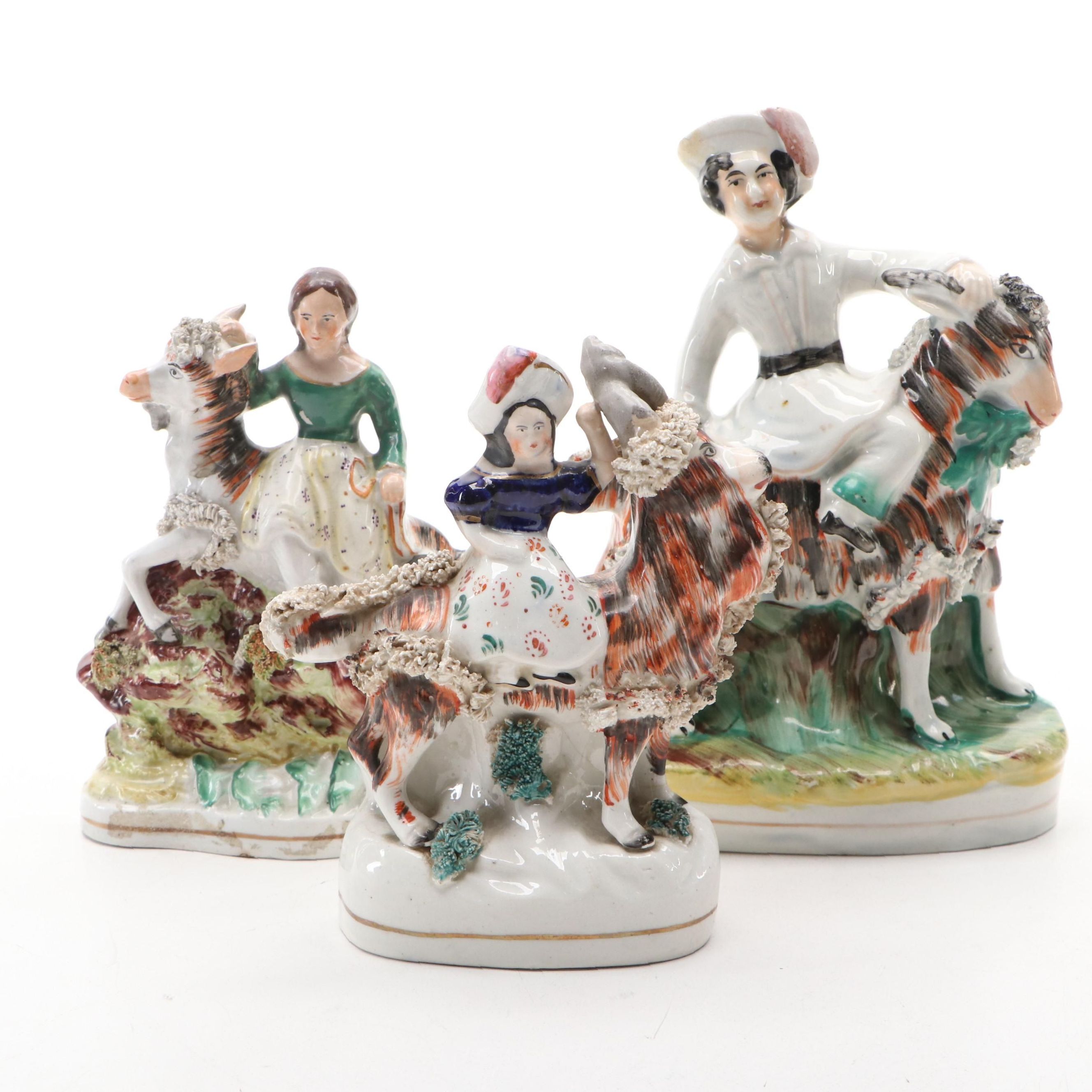 Staffordshire Children Riding Goats Figurines, 19th Century