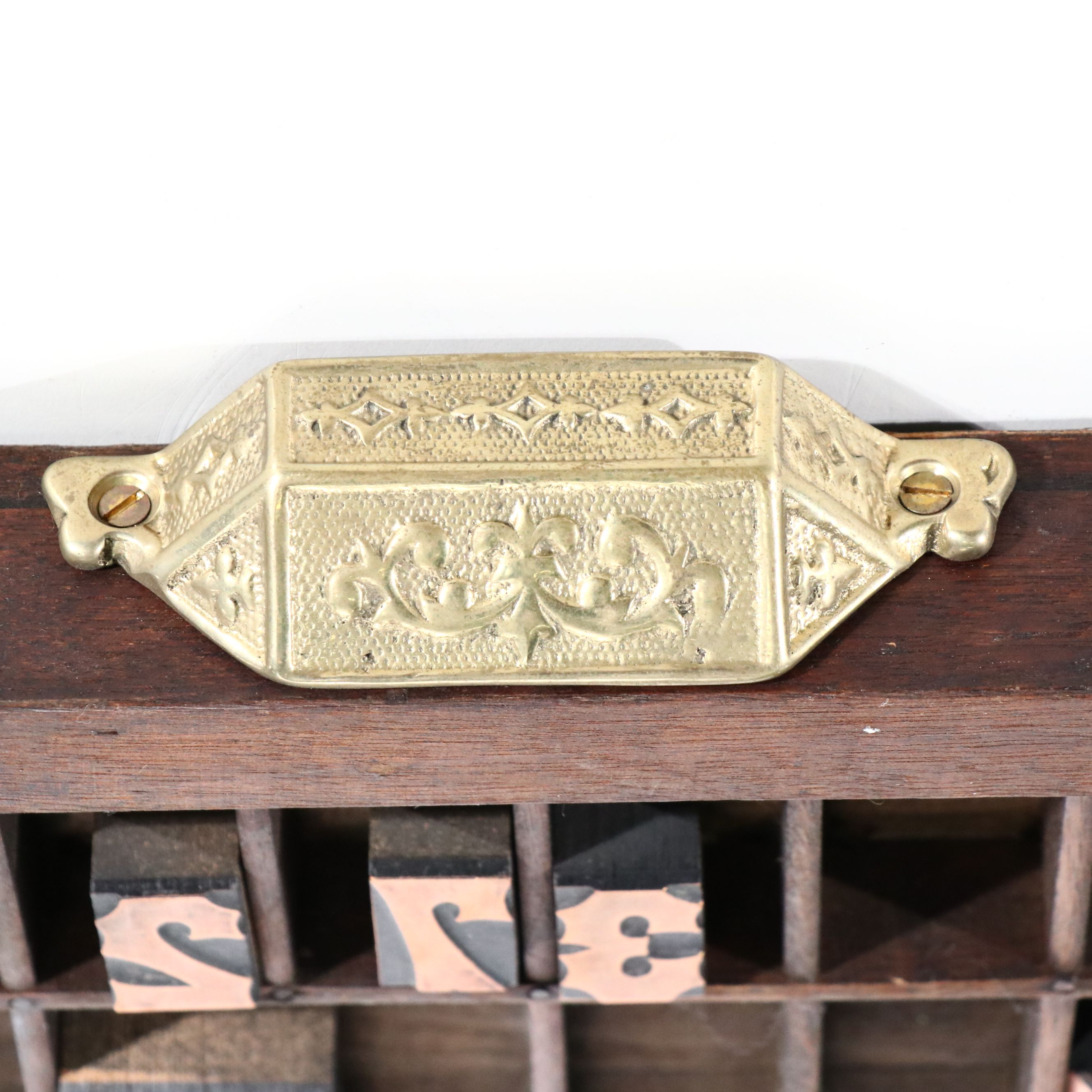 Antique Printer's Typeset Tray with Collection of Stamps