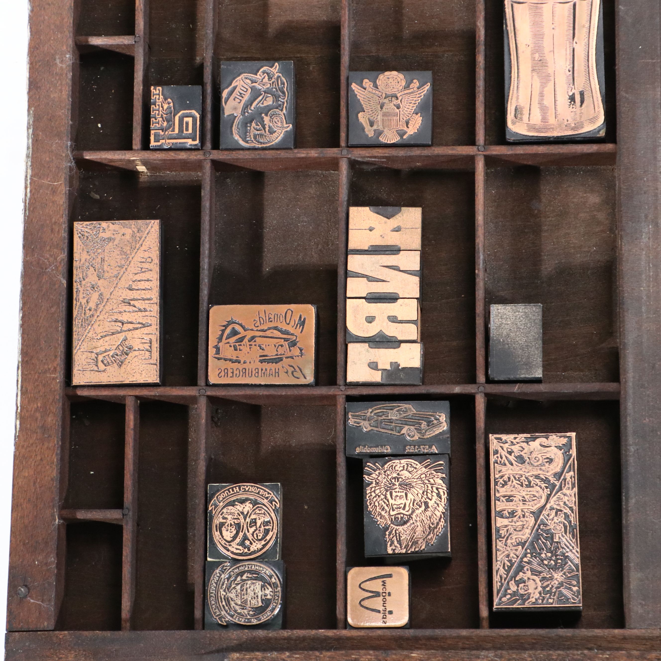 Antique Printer's Typeset Tray with Collection of Stamps