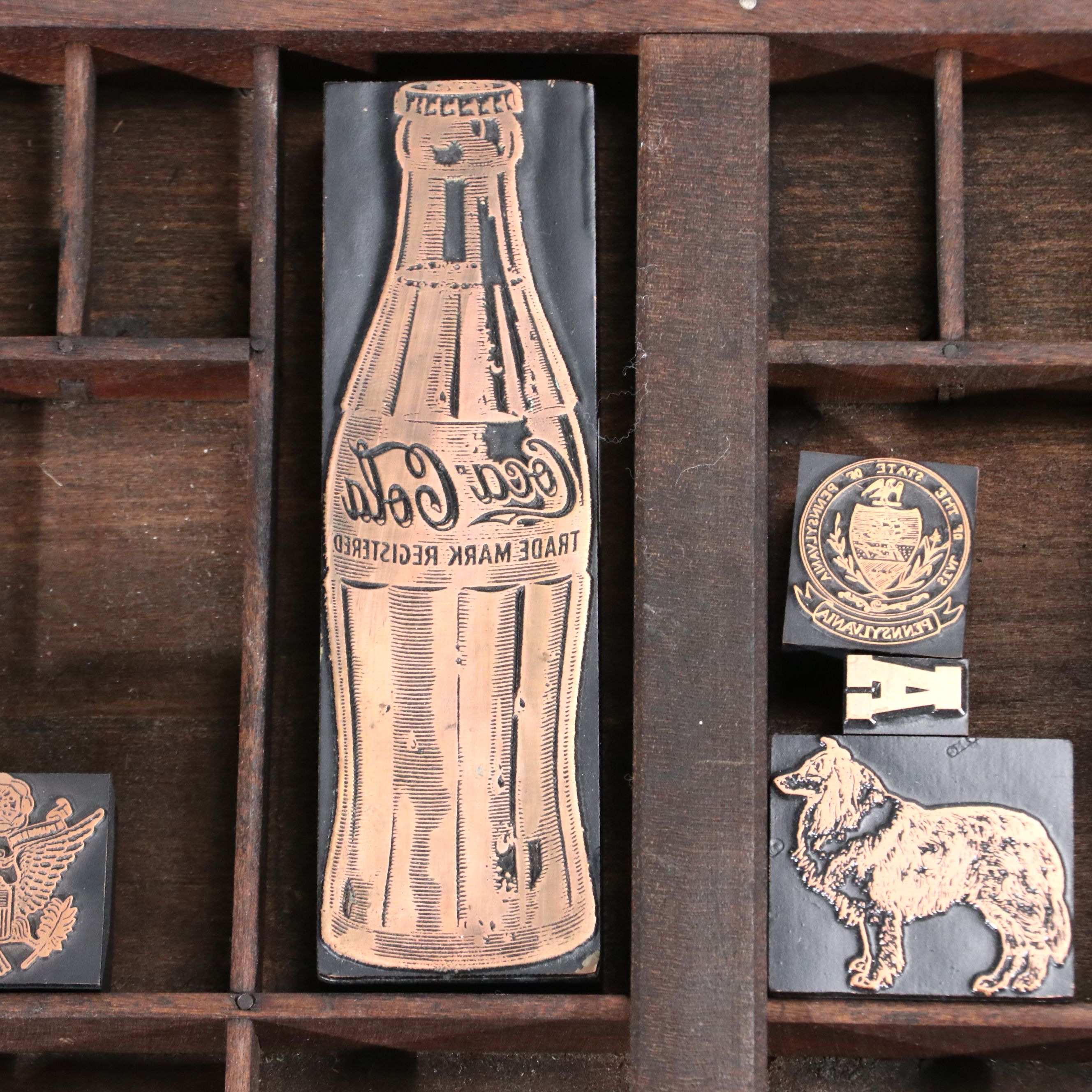 Antique Printer's Typeset Tray with Collection of Stamps