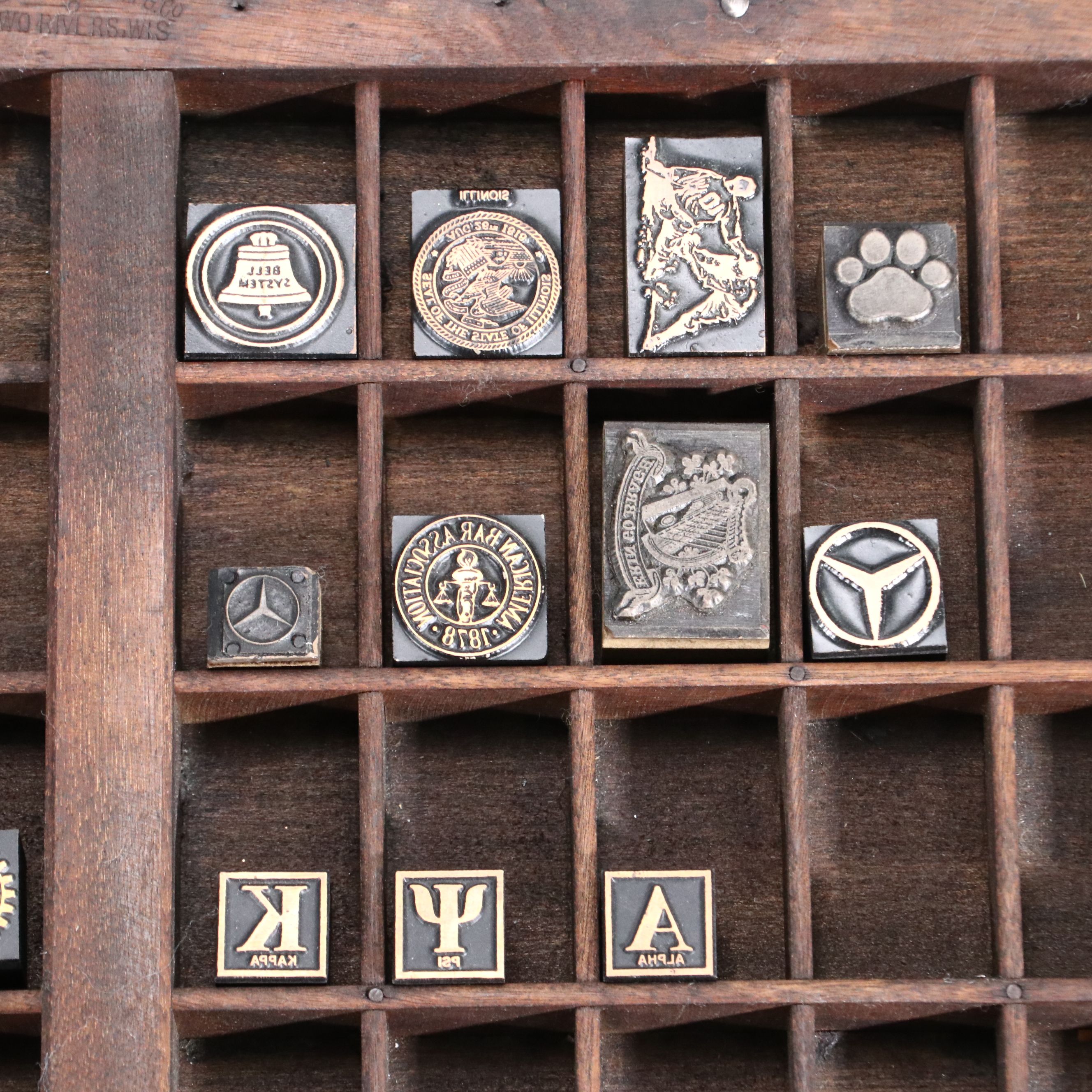 Antique Printer's Typeset Tray with Collection of Stamps