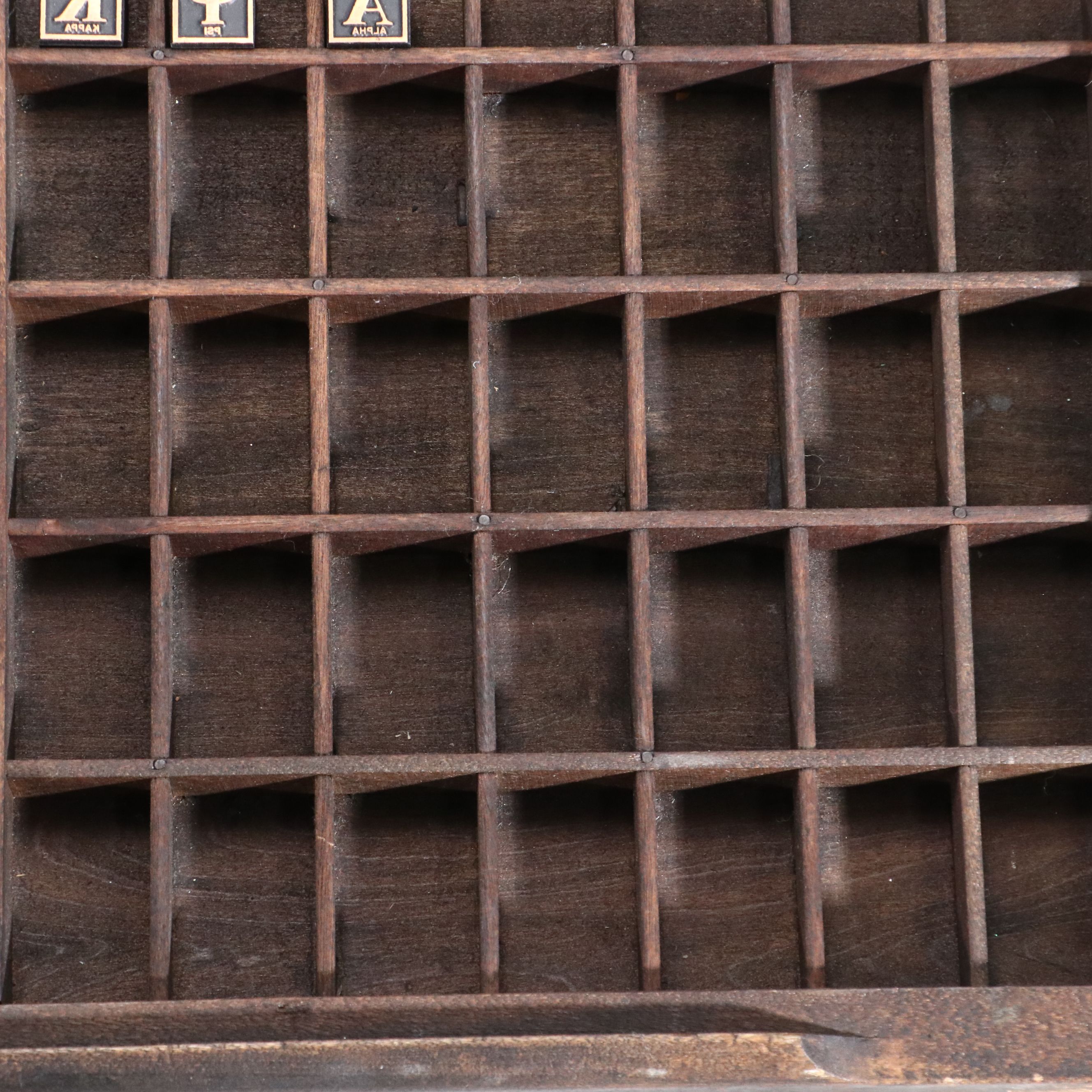 Antique Printer's Typeset Tray with Collection of Stamps