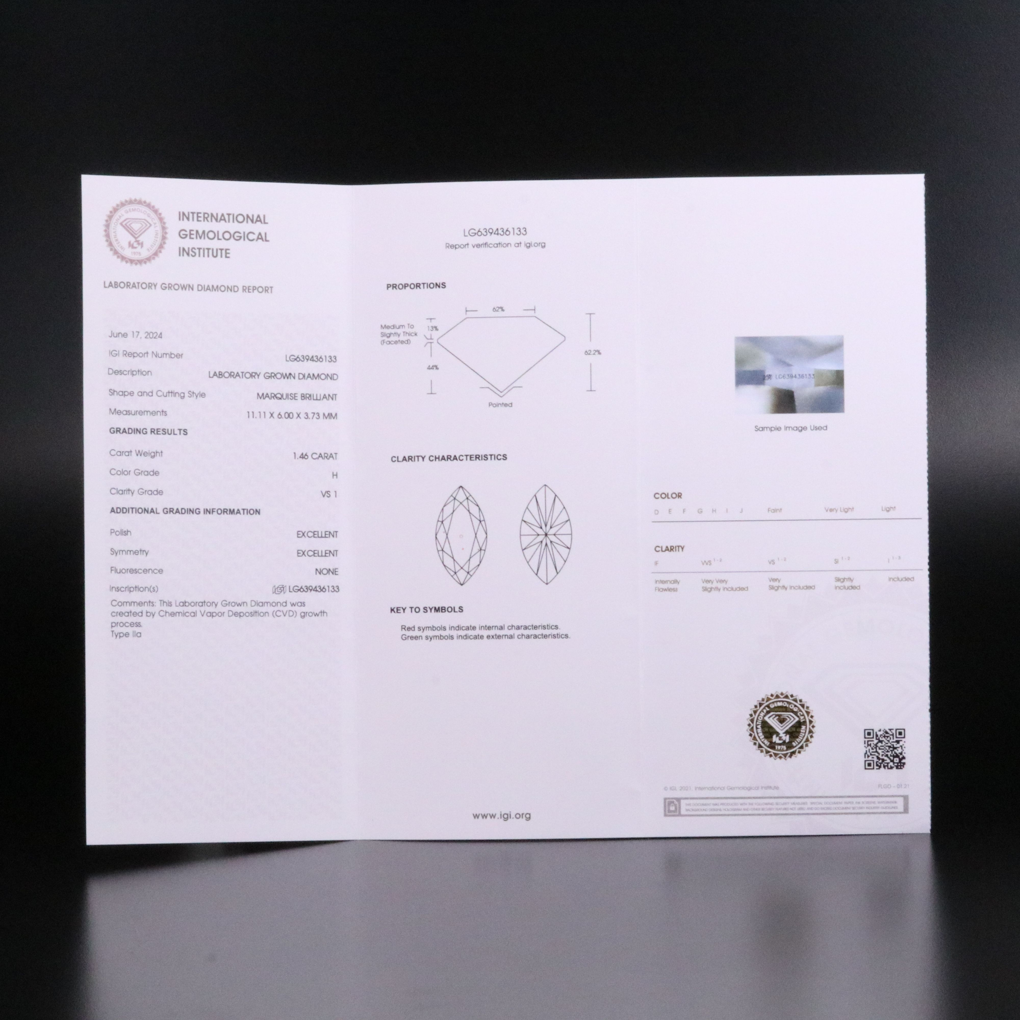 Loose 1.46 CT Lab Grown Diamond with IGI Report