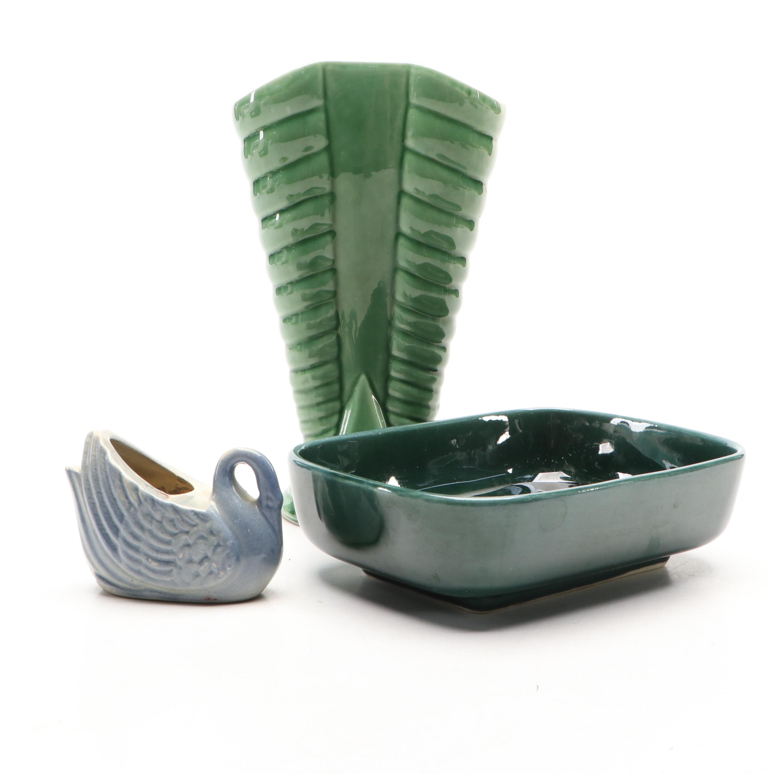 Art Deco Style Pottery Fan Vase and Other Ceramic Table Accessories
