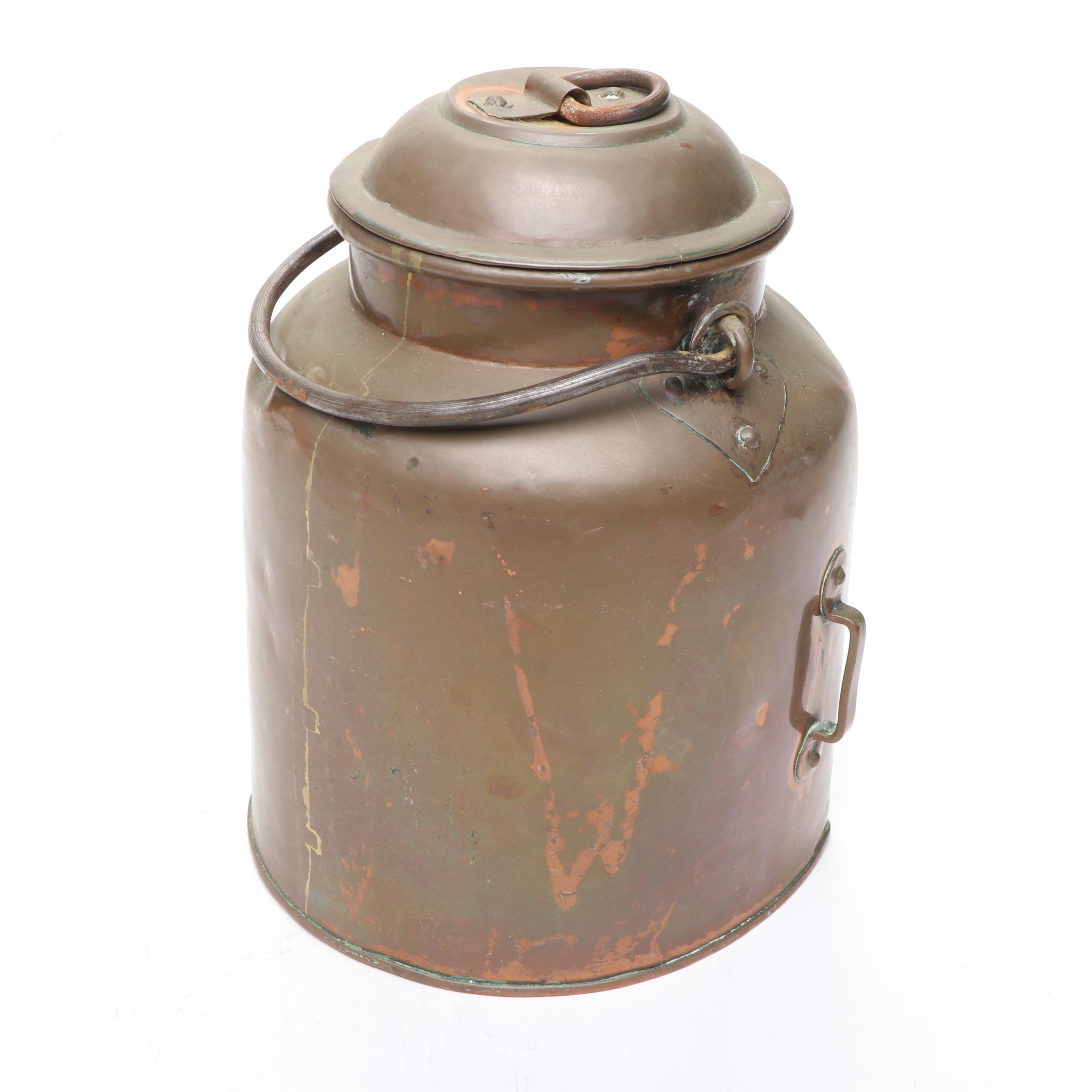 Primitive Style Copper Milk Pail with Batter and Other Bowls
