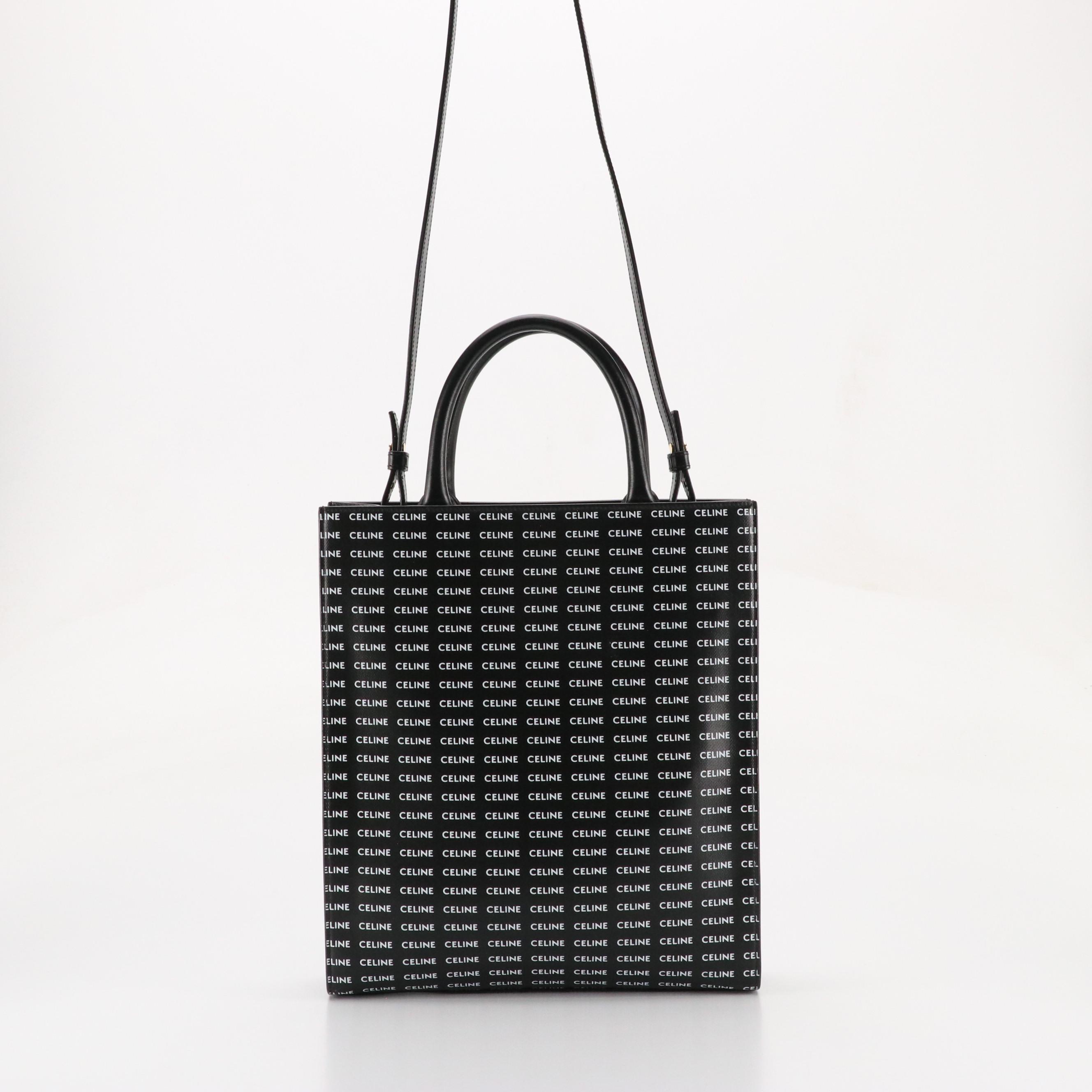 Celine Vertical Two-Way Tote in Black and White Canvas and Leather Trim