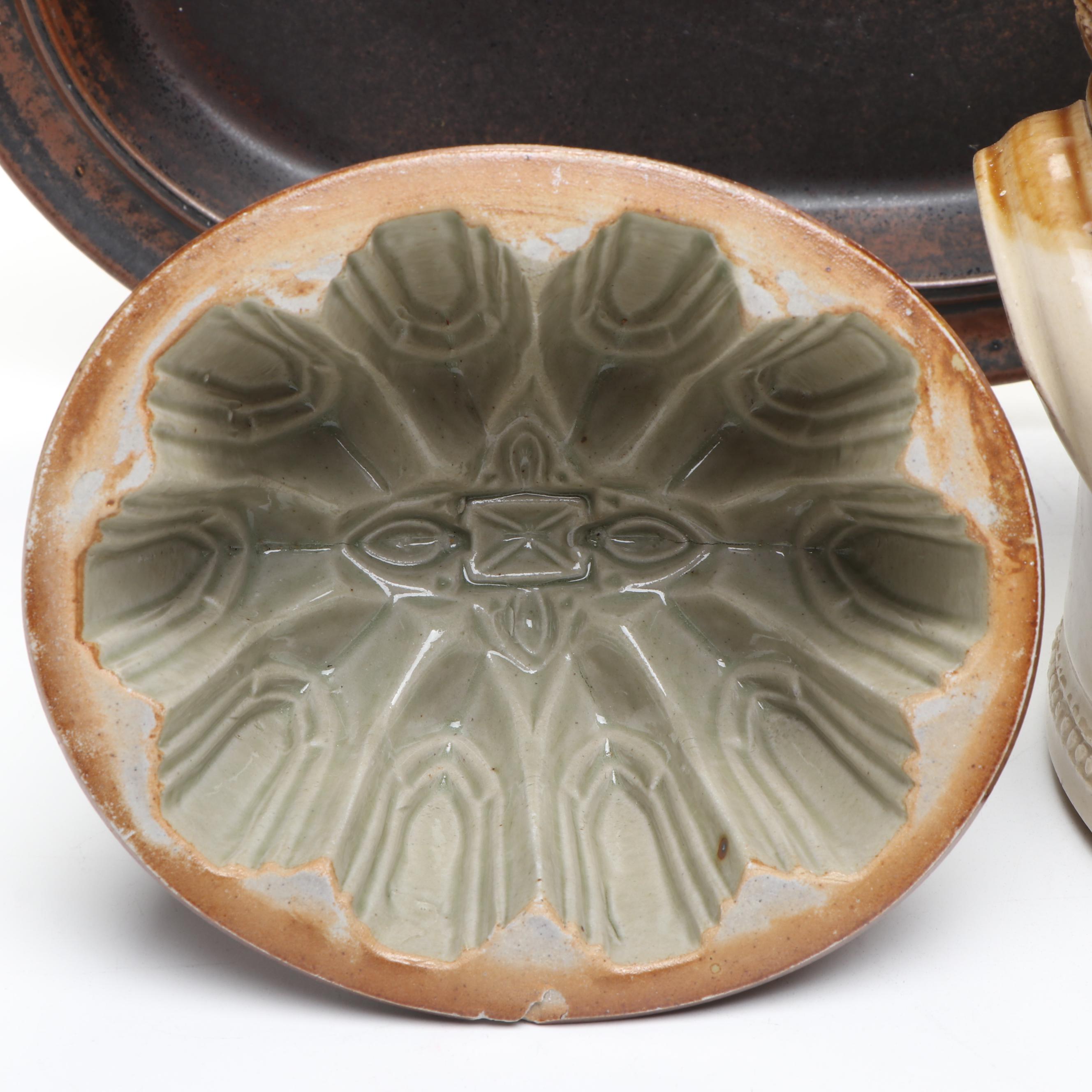 English Sprig Decorated Cider Jug with Mold and Other Victorian Kitchenware