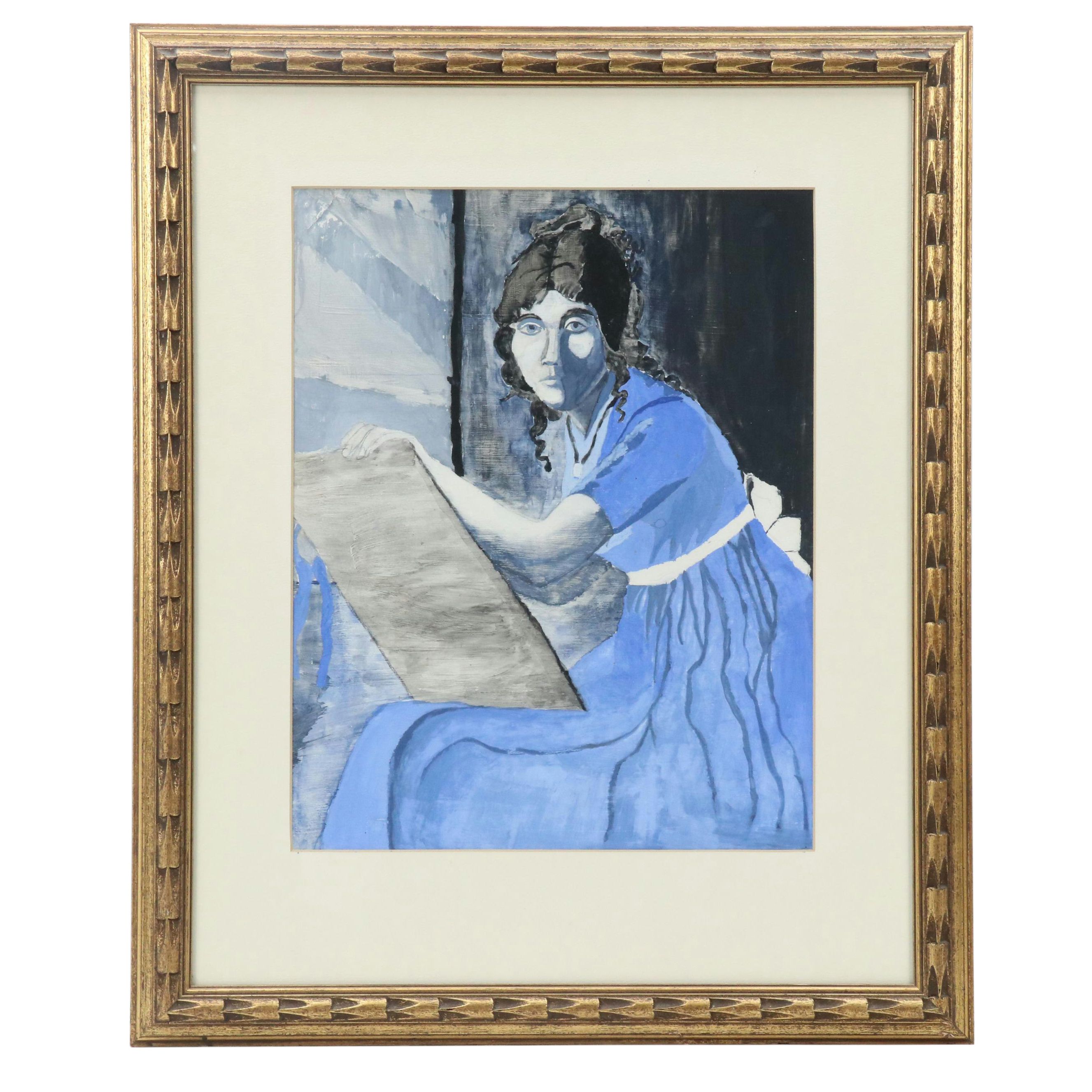 Gouache Self-Portrait of Woman in Blue Dress
