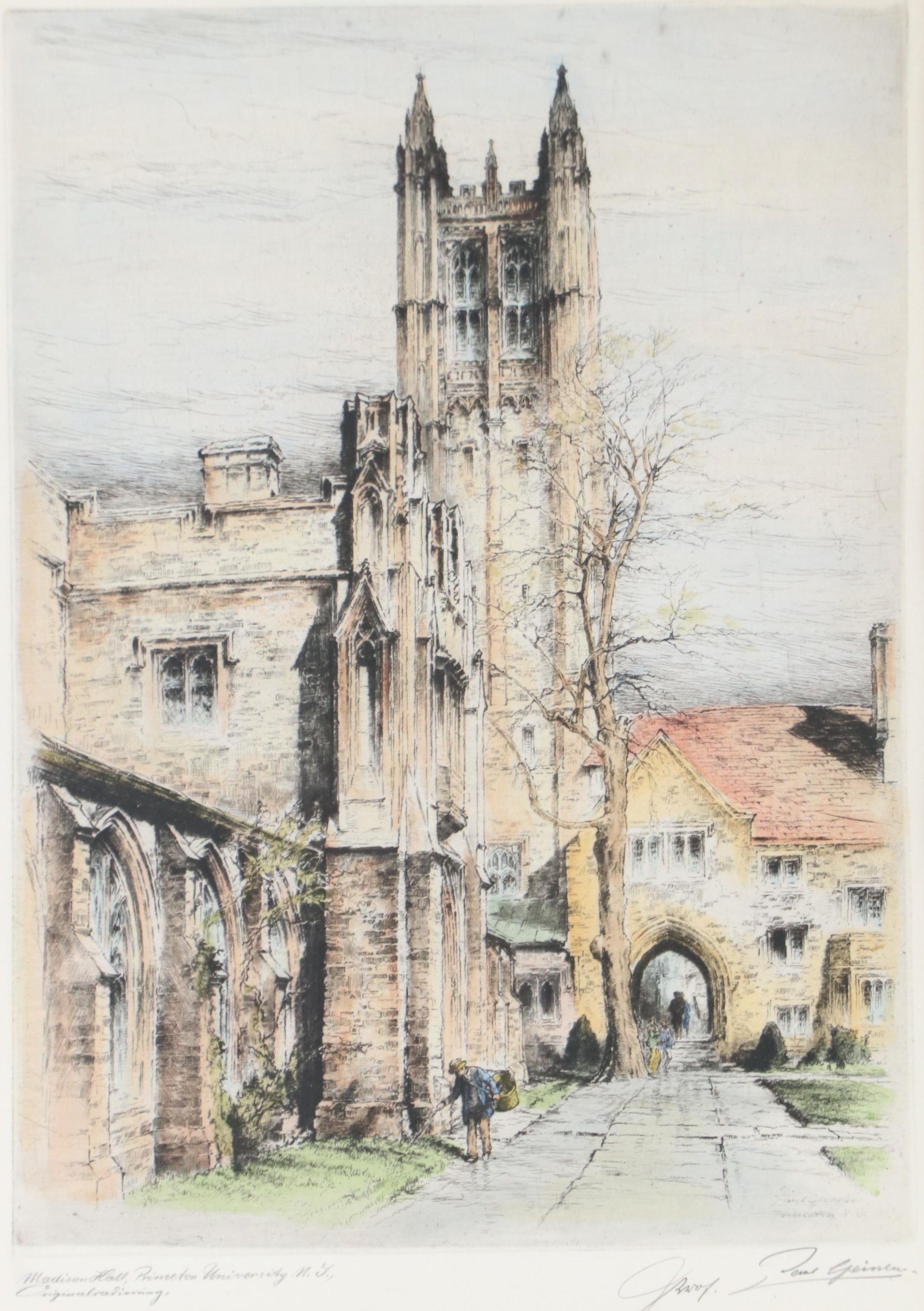 Paul Geissler Hand-Colored Etching of Madison Hall, Princeton University