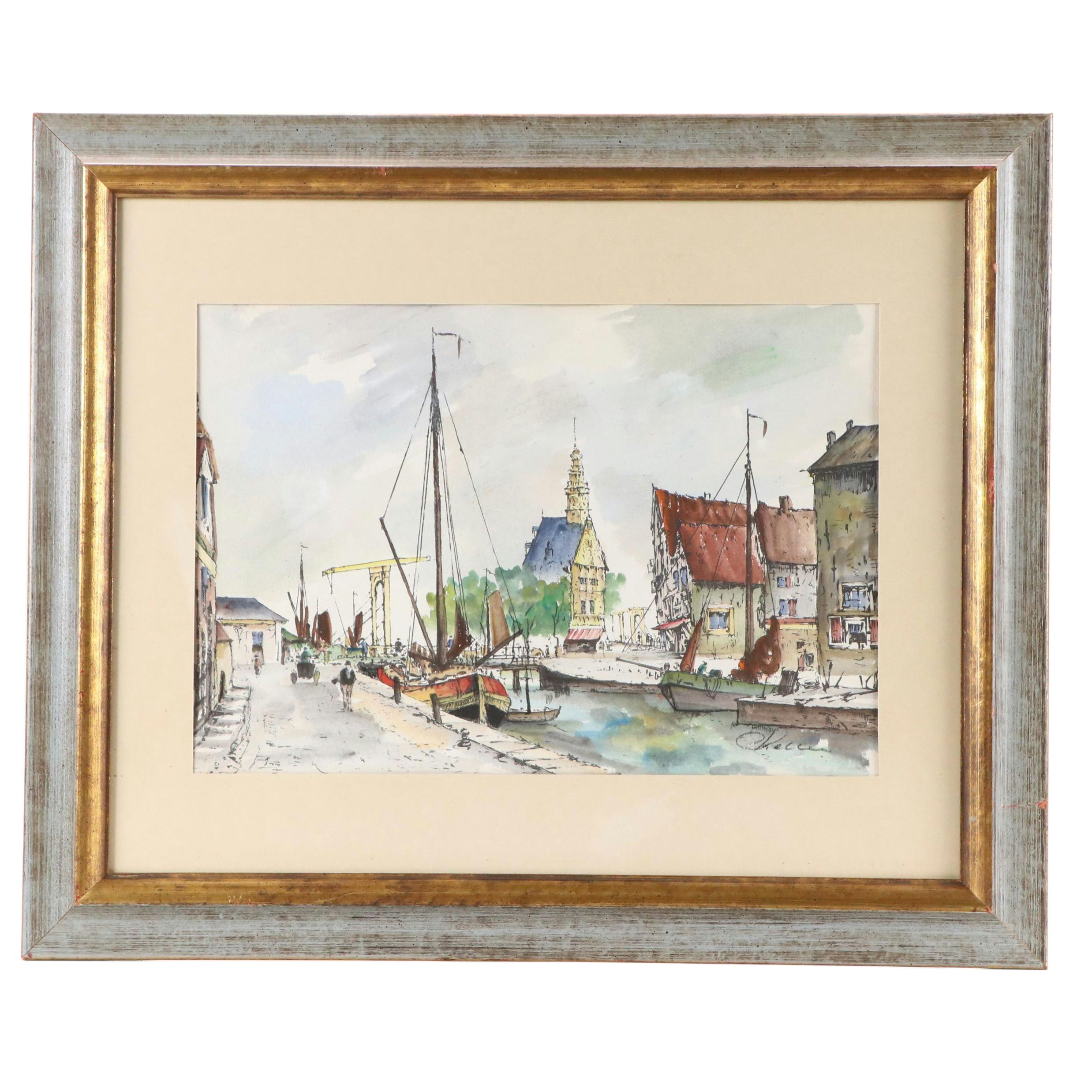 Dutch Canal Watercolor Painting, Featuring the Hoofdtoren of Hoorn