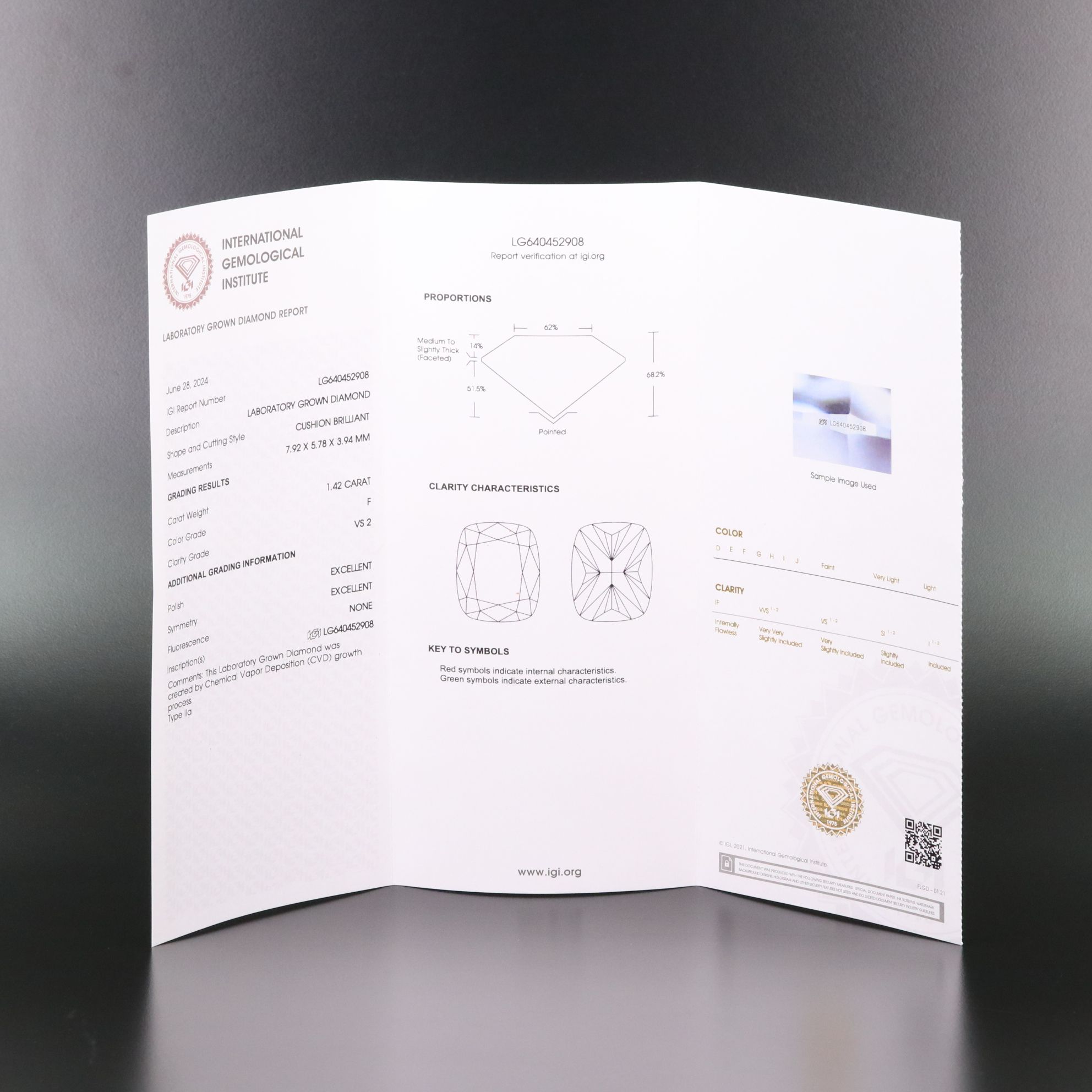 Loose 1.42 CT Lab Grown Diamond with IGI Report