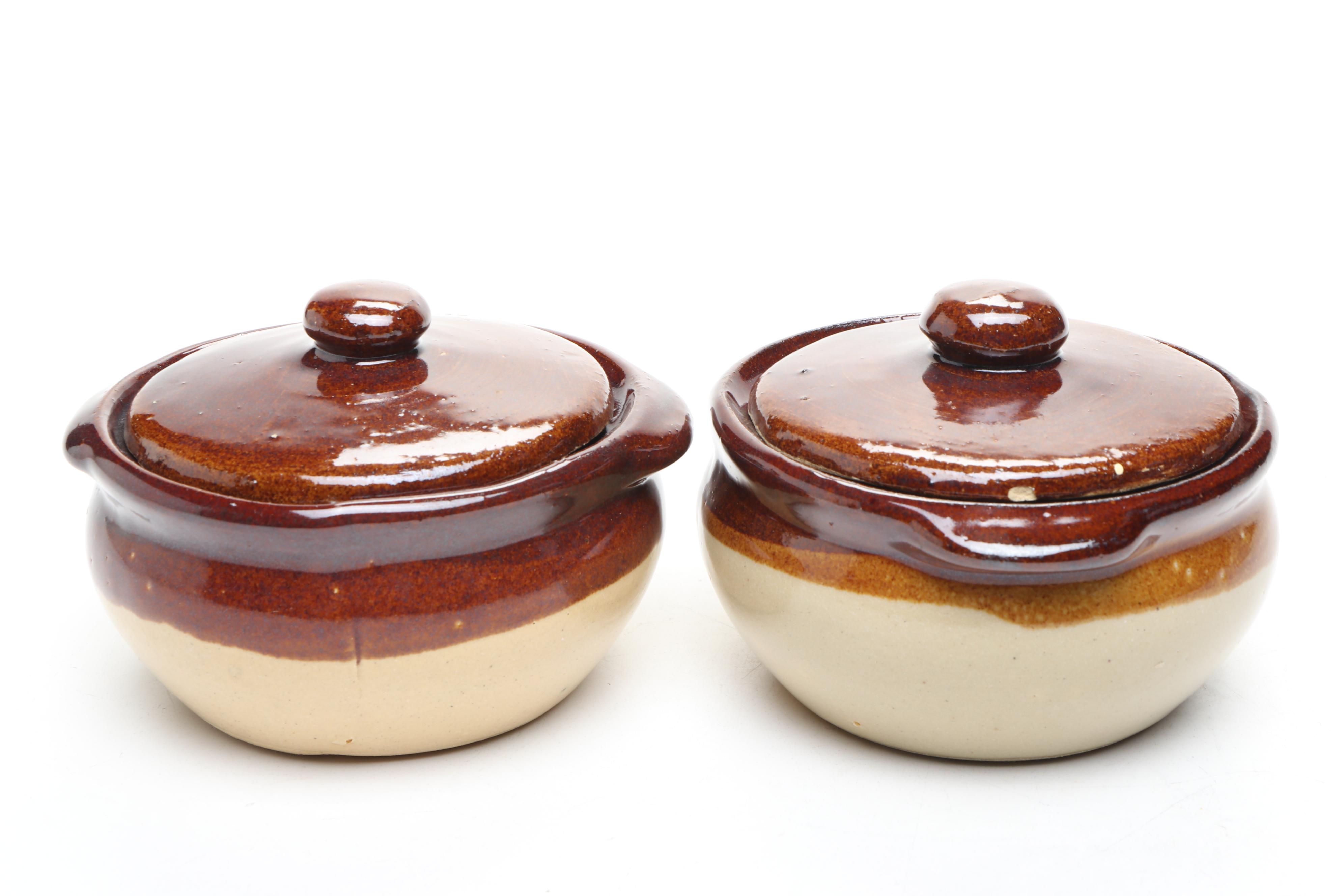 Vintage Two-Tone Stoneware Lidded Soup Bowls, Mid to Late 20th Century