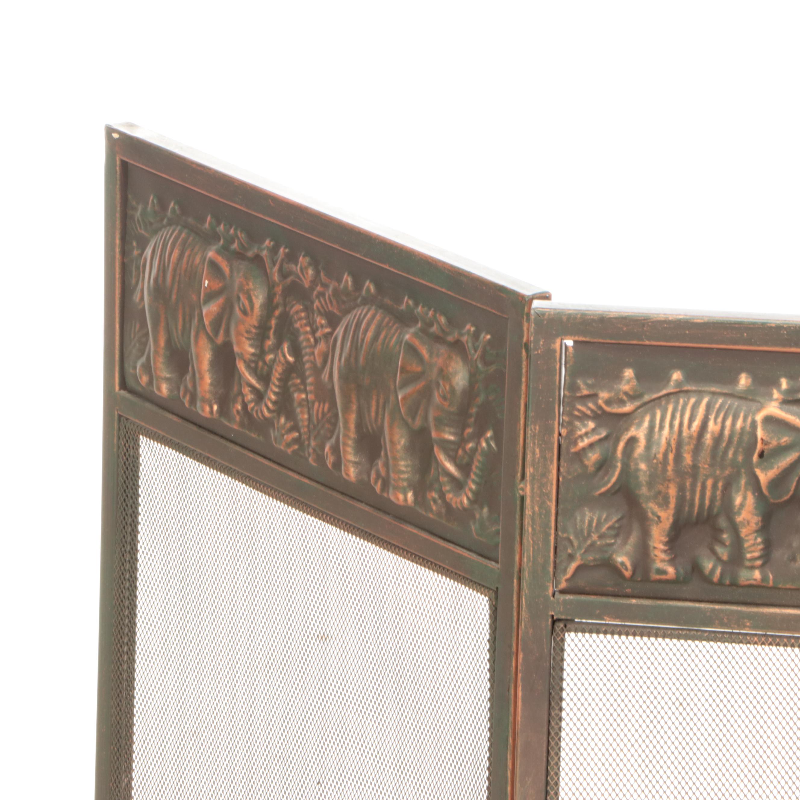 Bronze Finish Repoussé Elephant Fireplace Screen