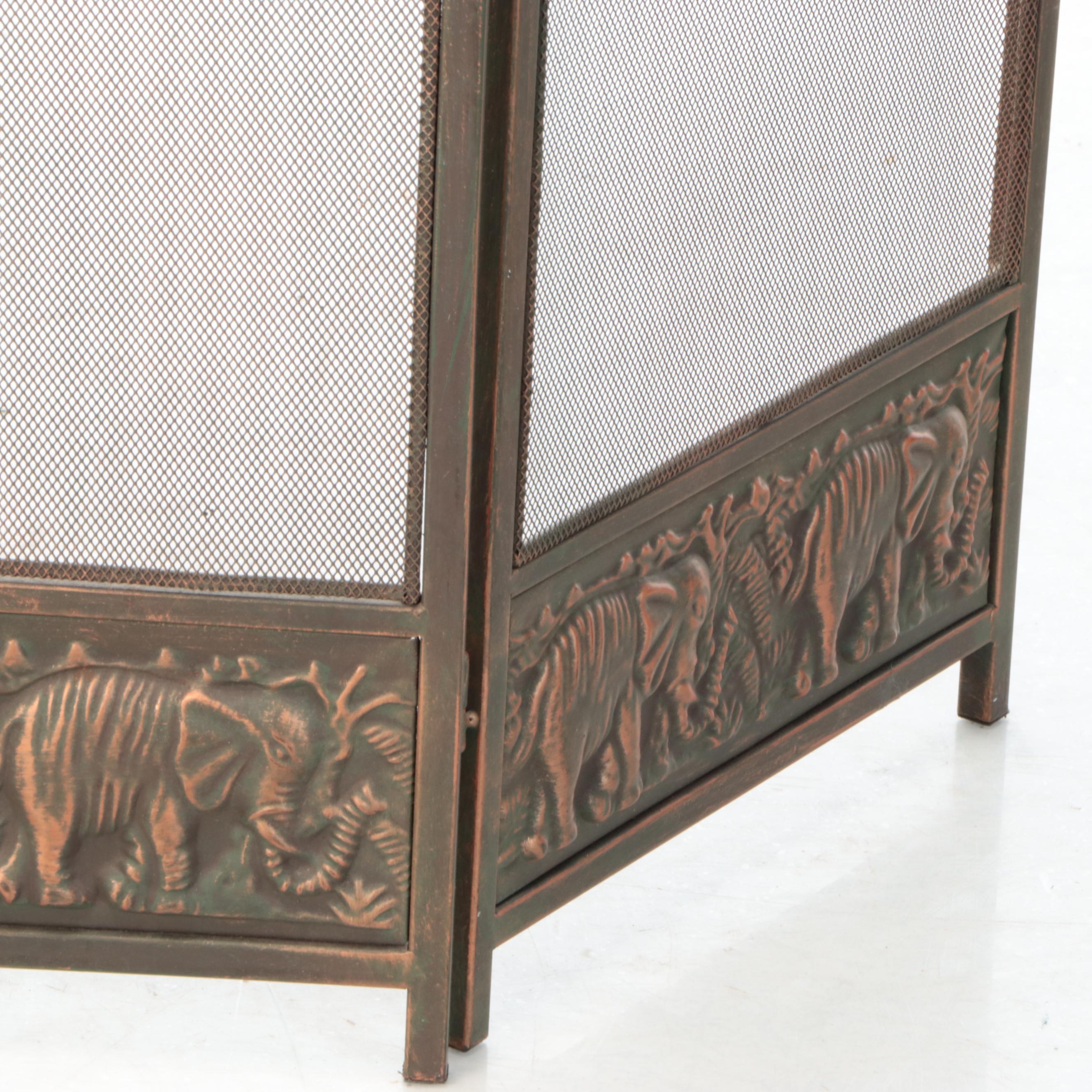 Bronze Finish Repoussé Elephant Fireplace Screen