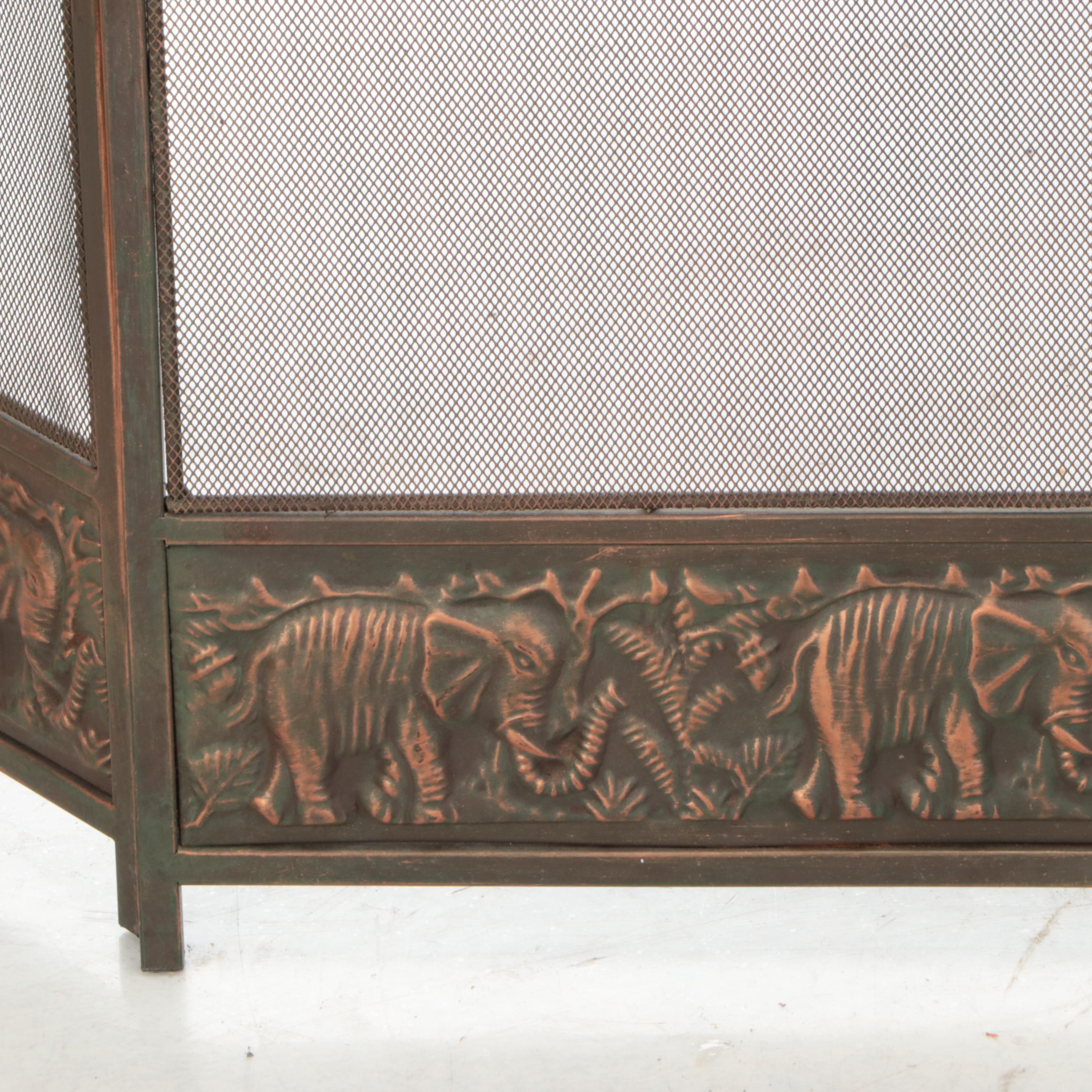 Bronze Finish Repoussé Elephant Fireplace Screen