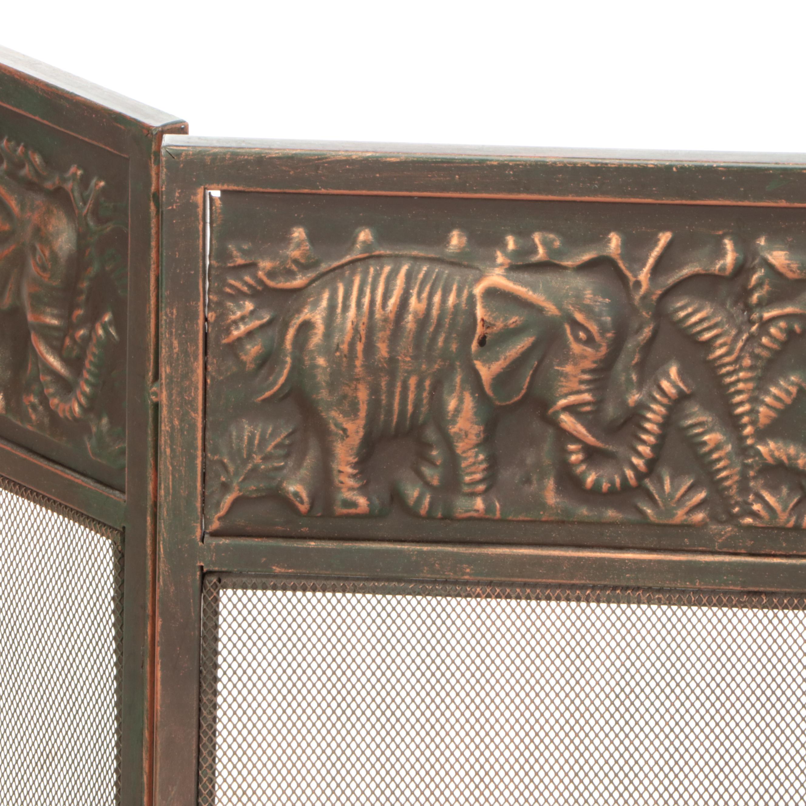Bronze Finish Repoussé Elephant Fireplace Screen