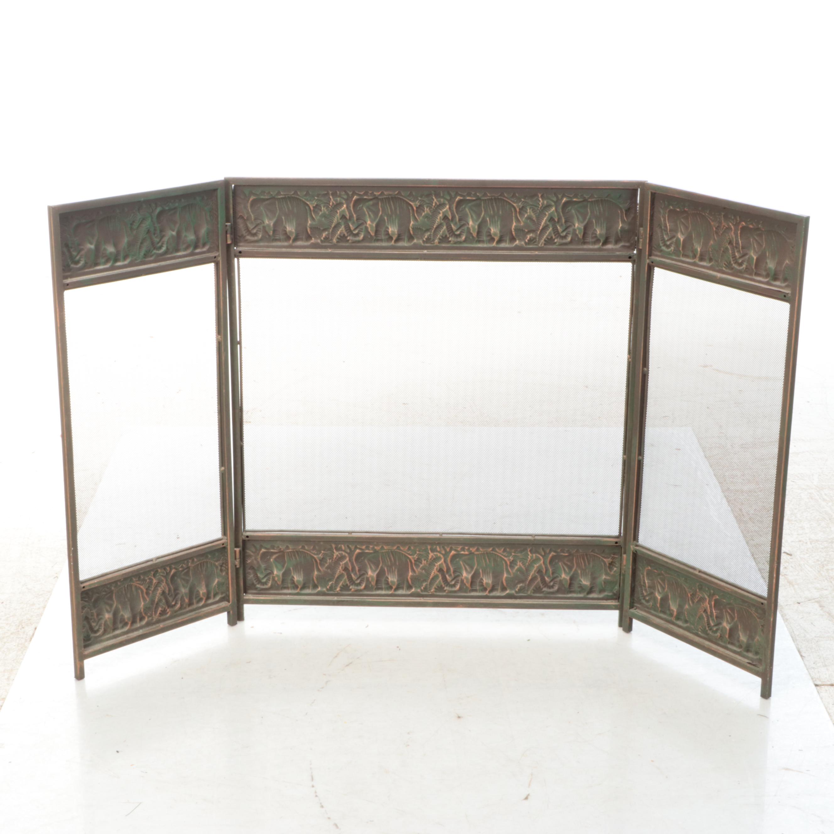 Bronze Finish Repoussé Elephant Fireplace Screen