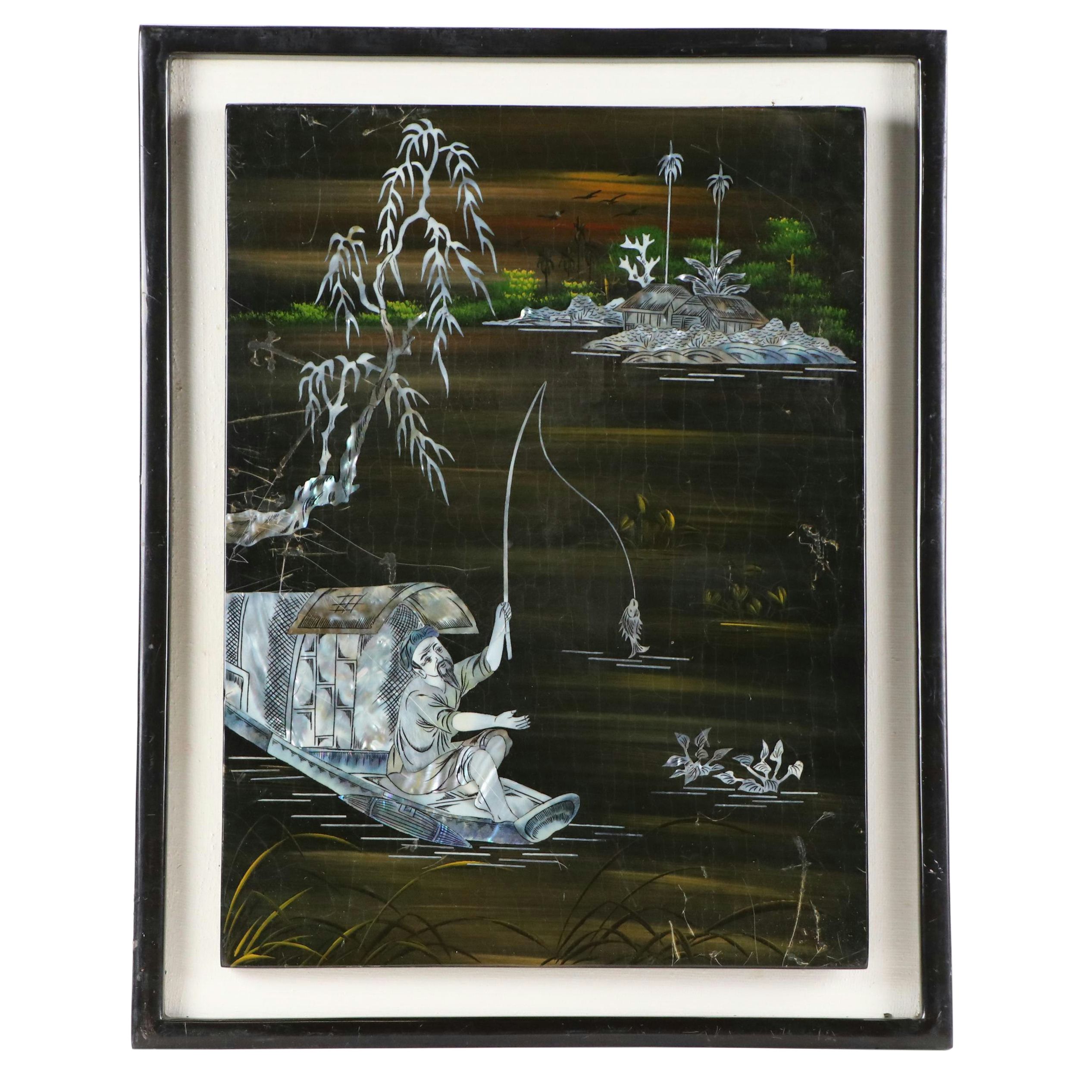 Japanese Abalone Inlaid Lacquerware Plaque Featuring a Fisherman