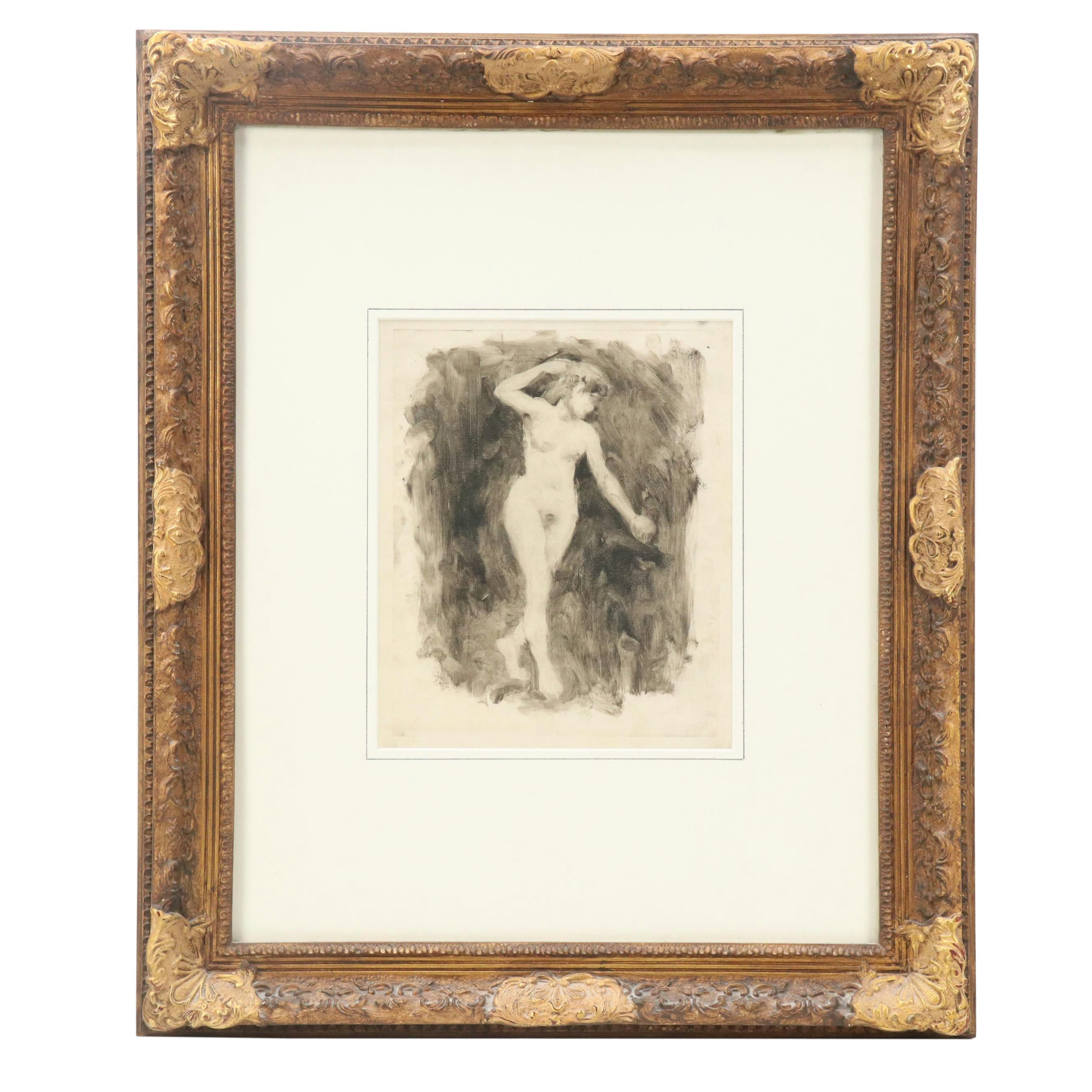 Figural Etching with Aquatint of Female Nude Study