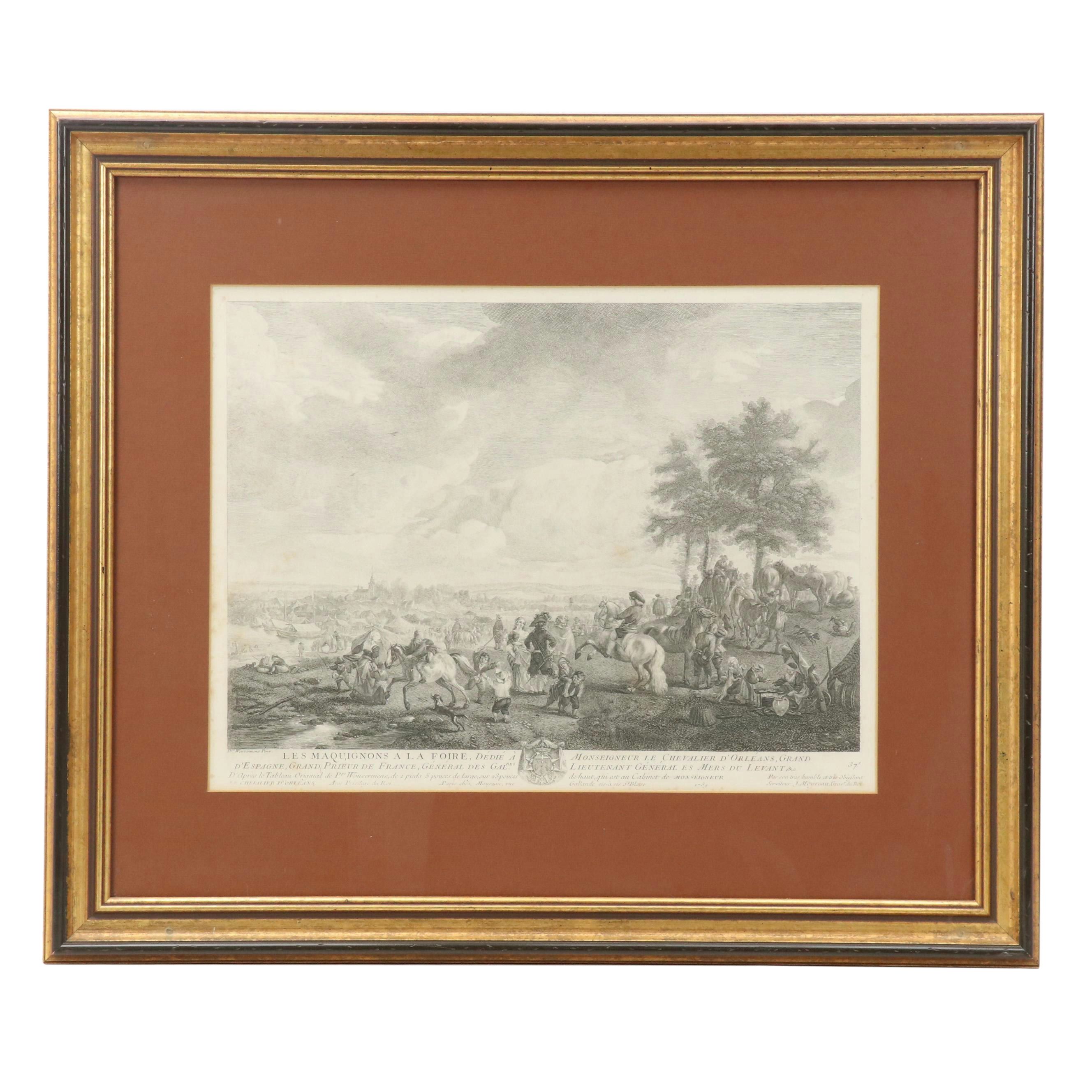 French School Engraving After P. Wouwerman "Les Maquignons à la Foire," 1739