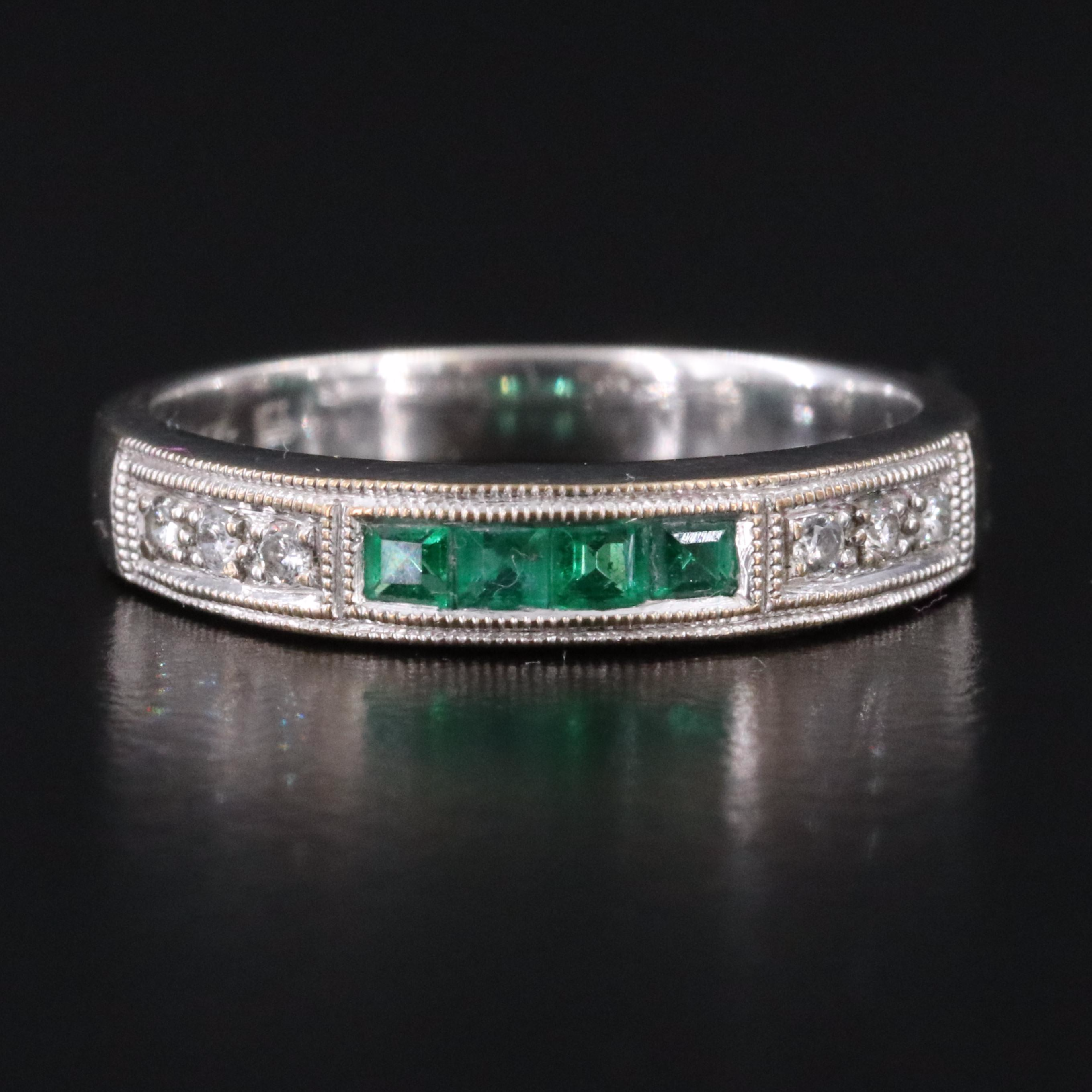 14K Emerald and Diamond Milgrain Band Ring