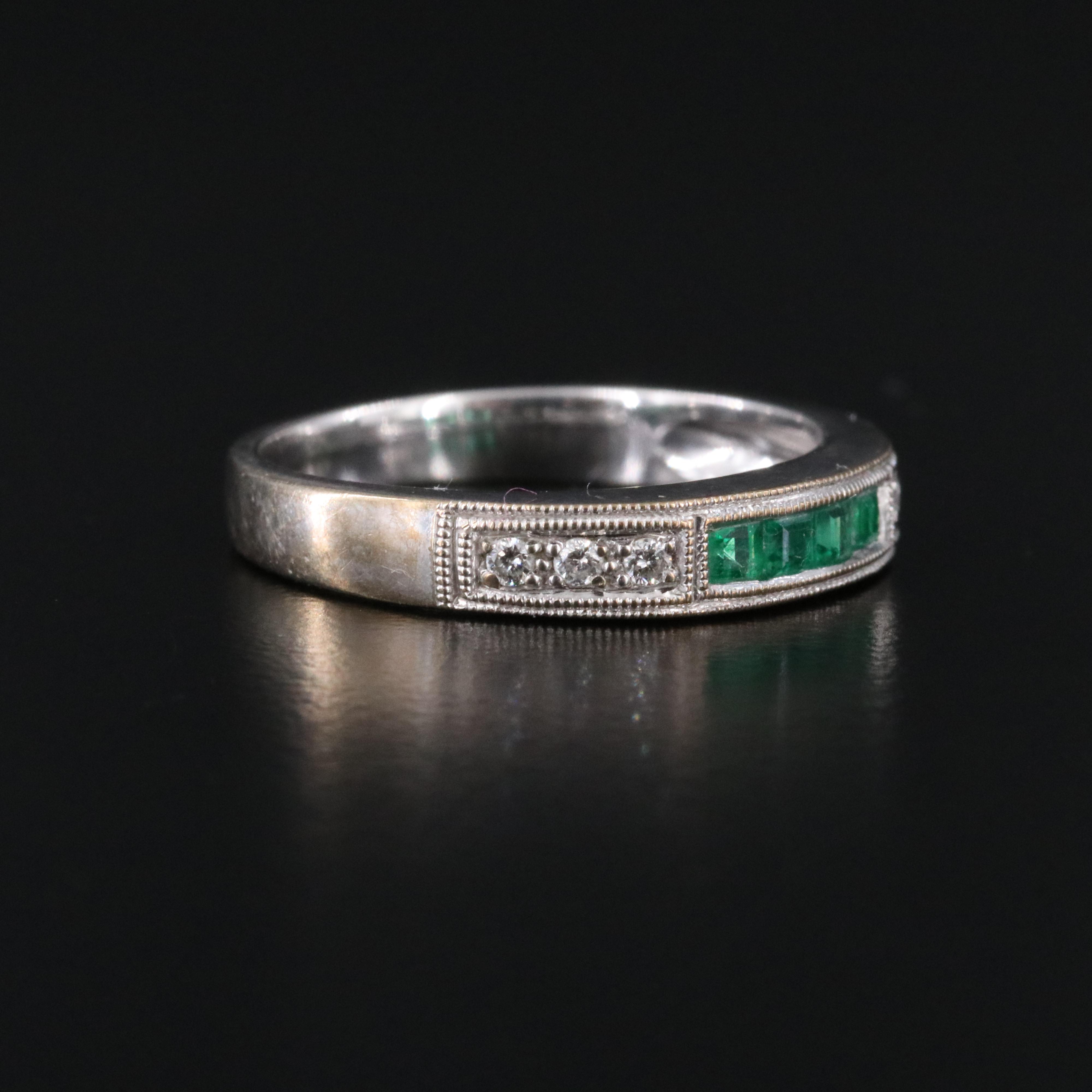 14K Emerald and Diamond Milgrain Band Ring