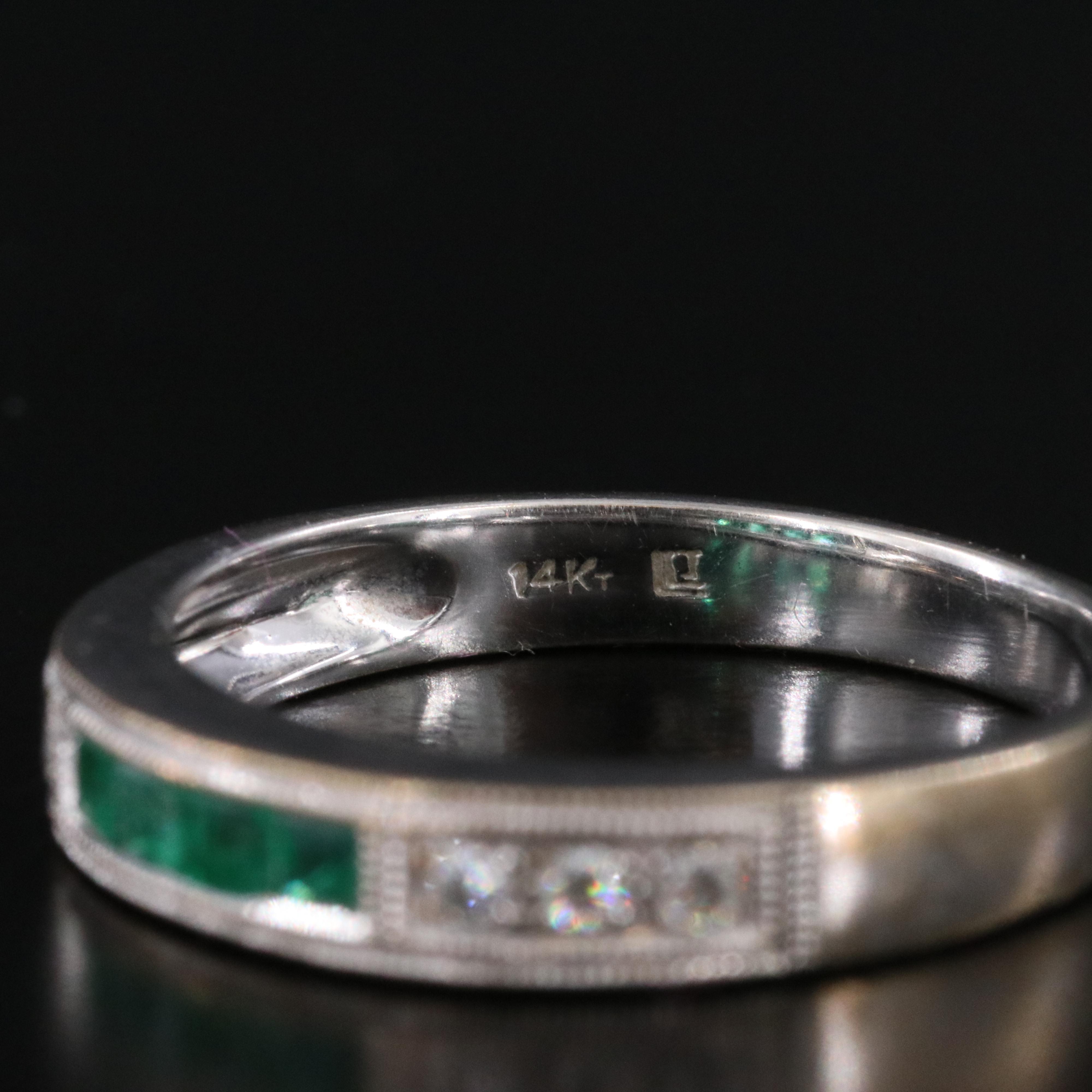 14K Emerald and Diamond Milgrain Band Ring