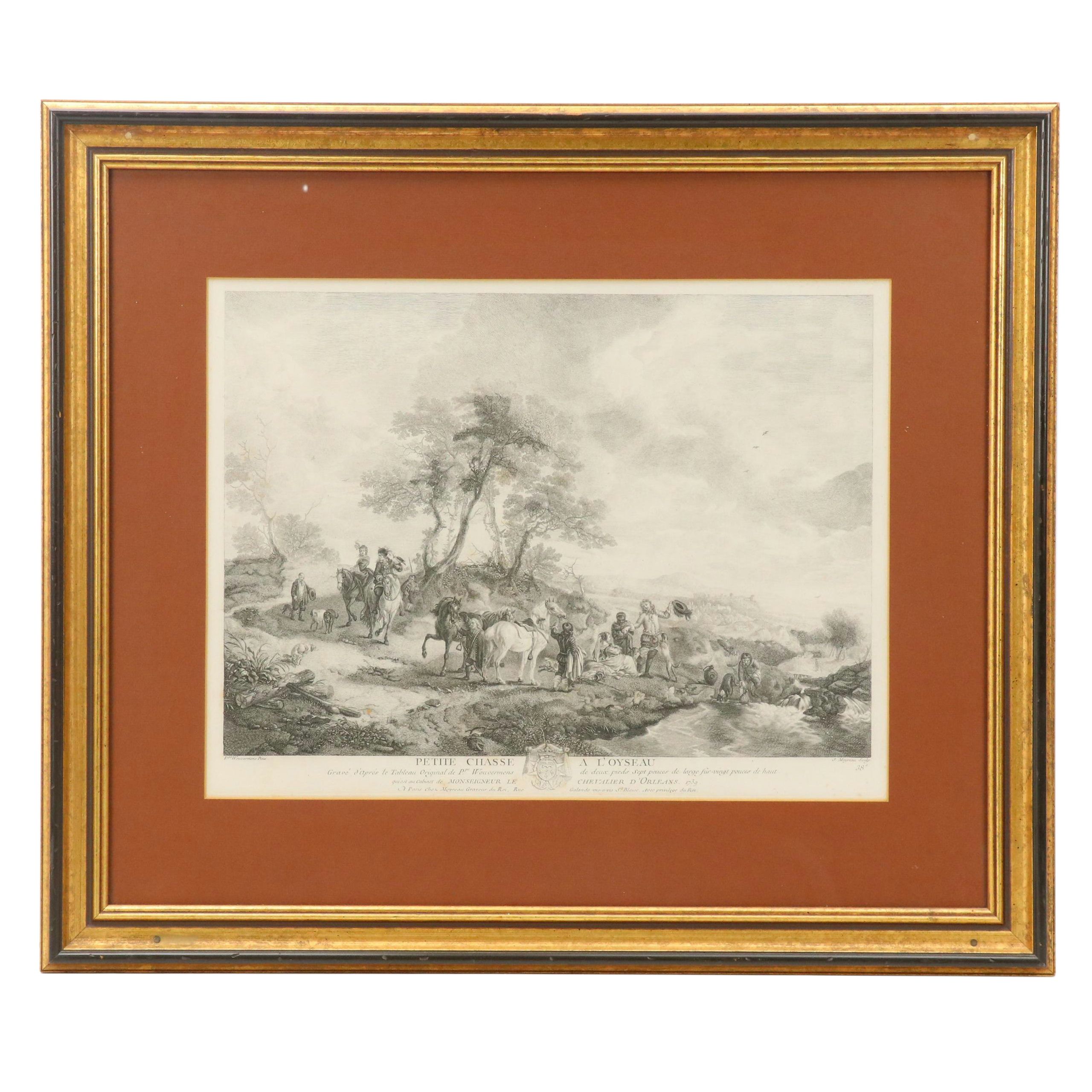 French School Engraving After Philips Wouwerman "Petite Chasse à Oyseau," 1739