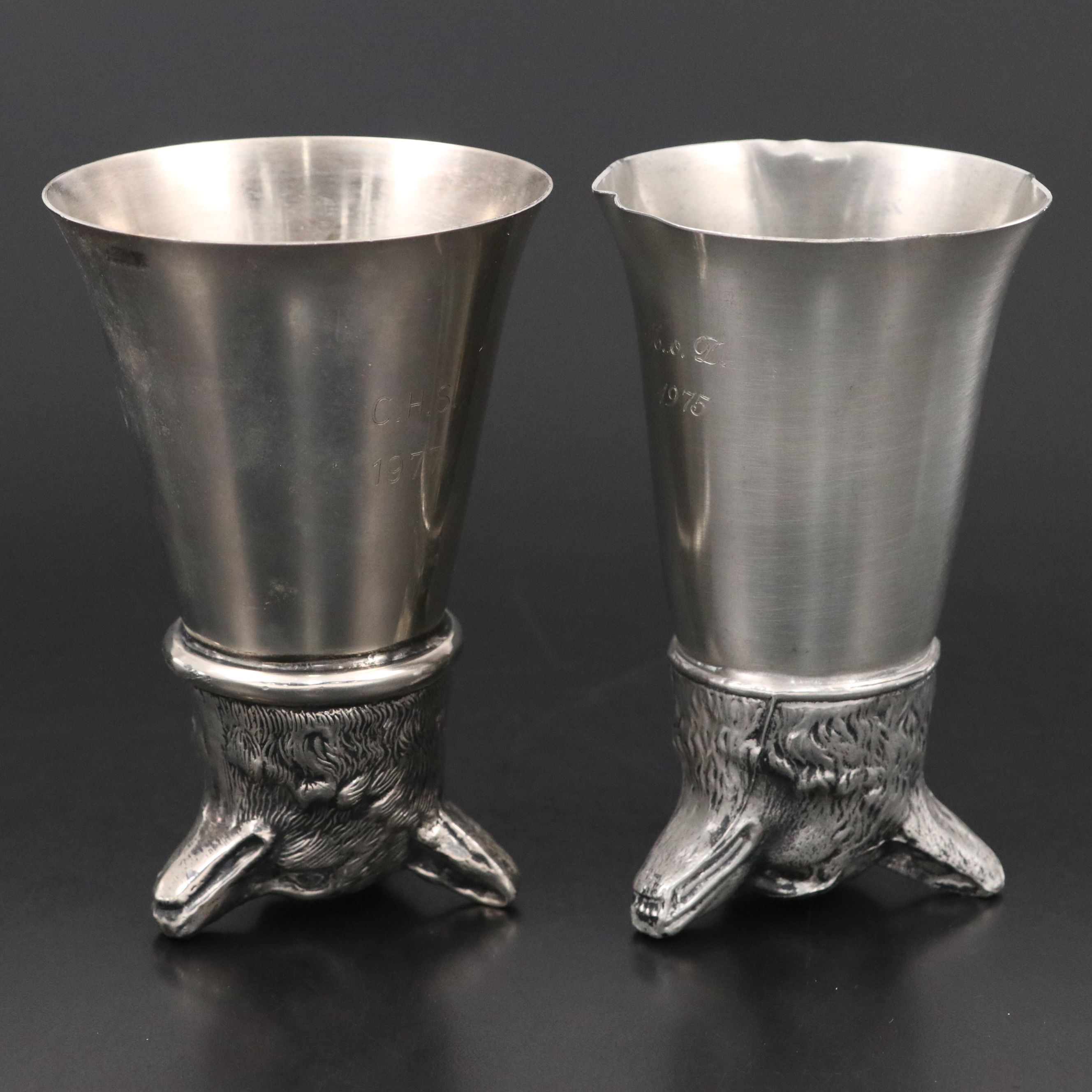 Leonard Silver Plate Engraved Fox Head Stirrup Cups