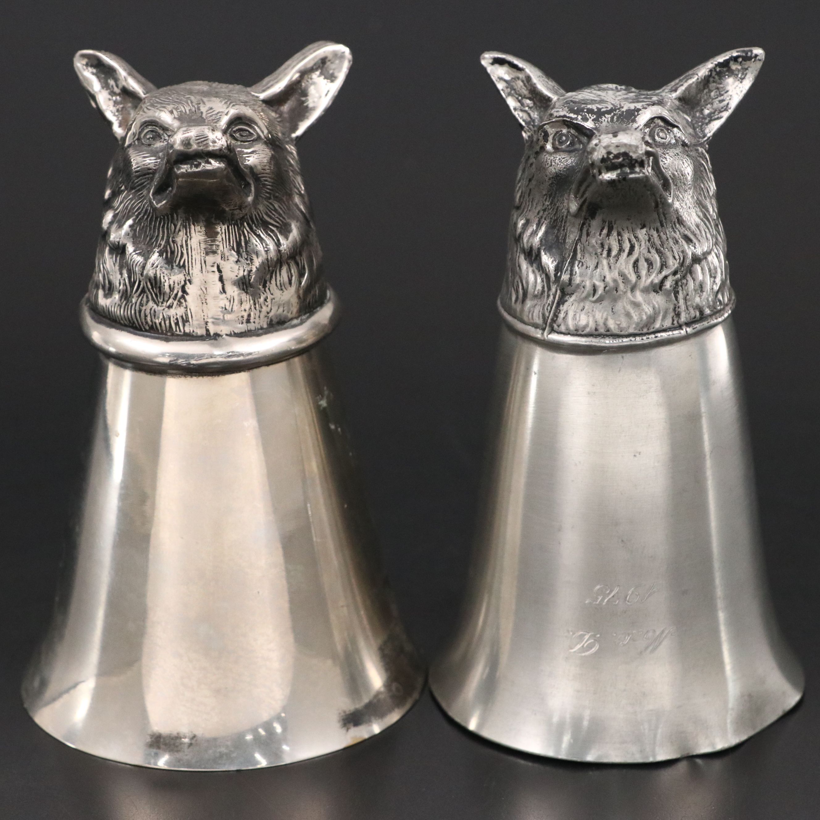 Leonard Silver Plate Engraved Fox Head Stirrup Cups