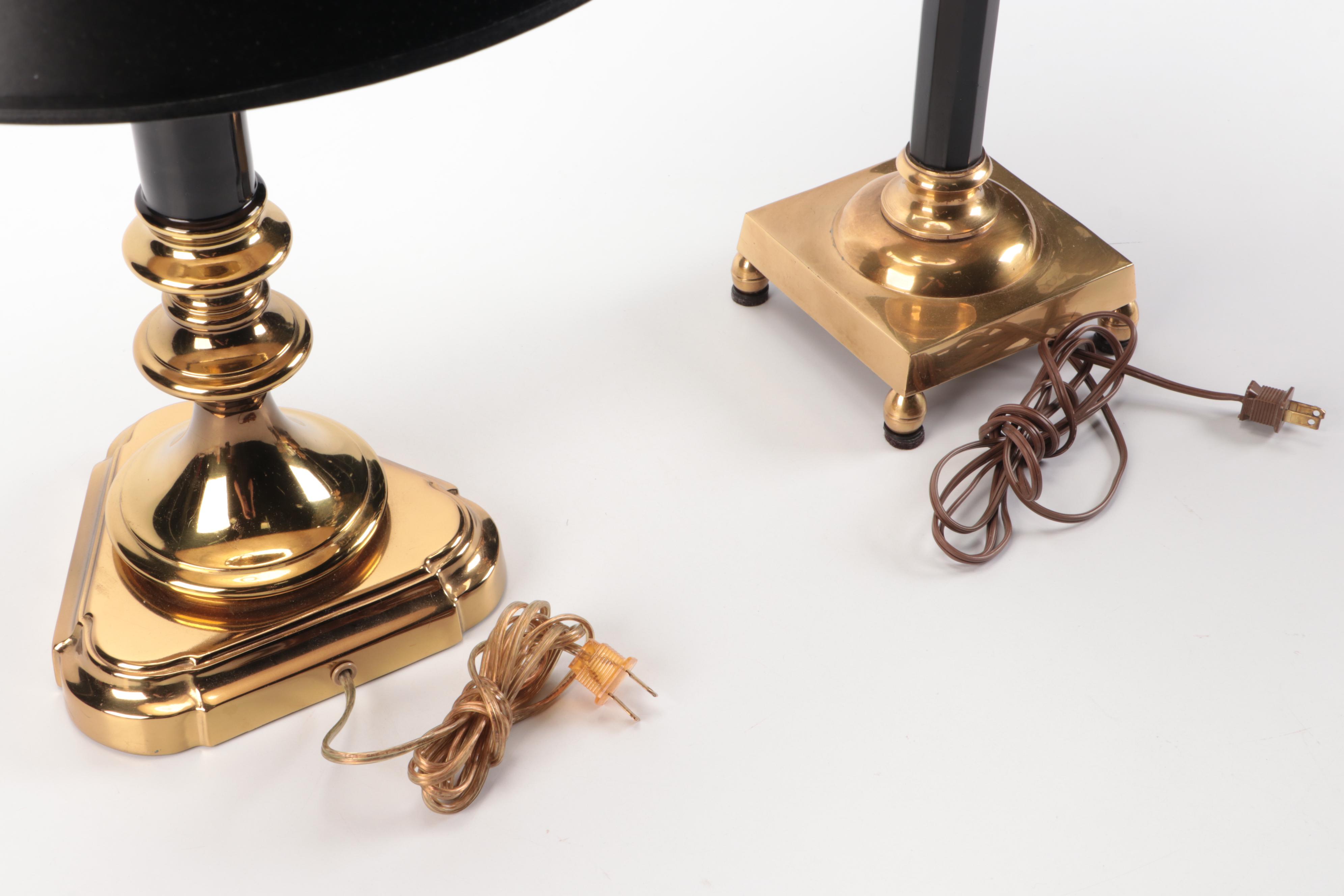 Ethan Allen and Other Neoclassical Brass and Black Acrylic Table Lamps