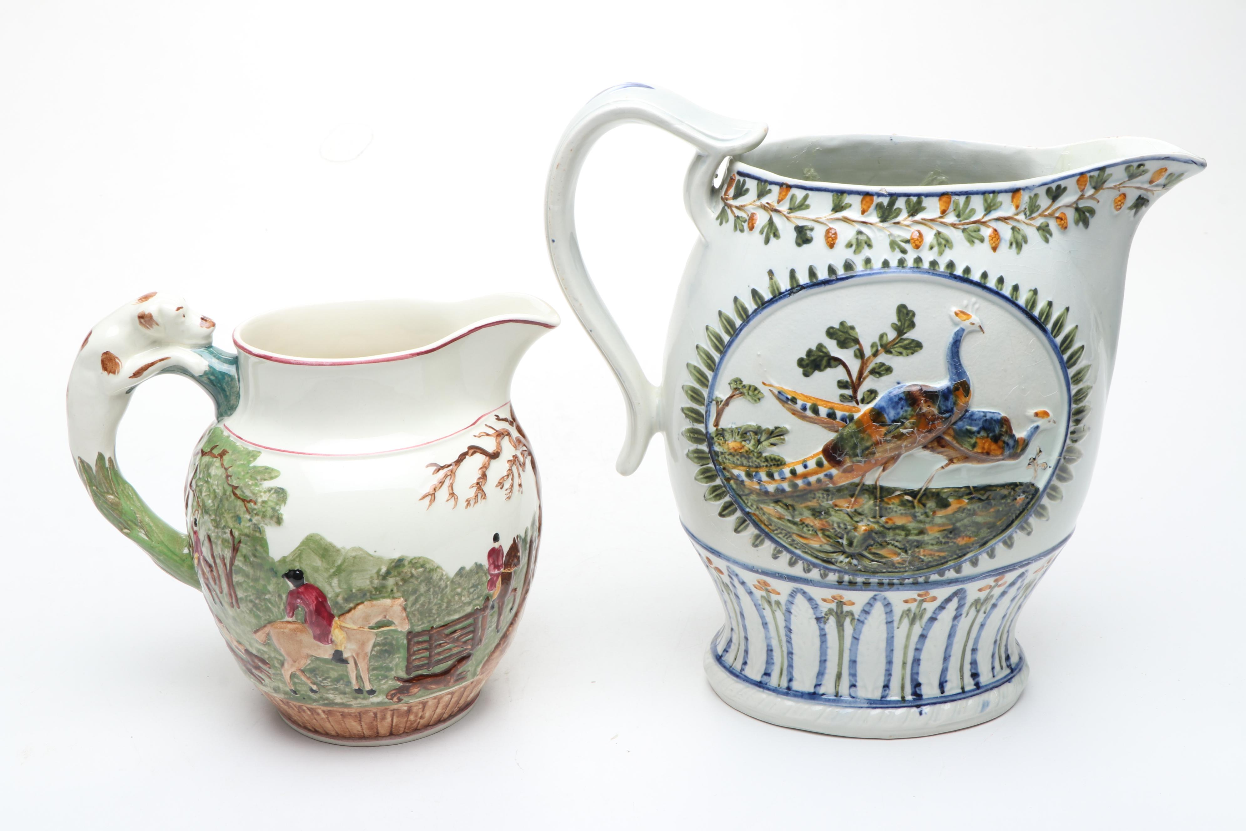 Wedgwood Dye Ken John Peel Hunt and Prattware Peacock Jugs with Other Decor