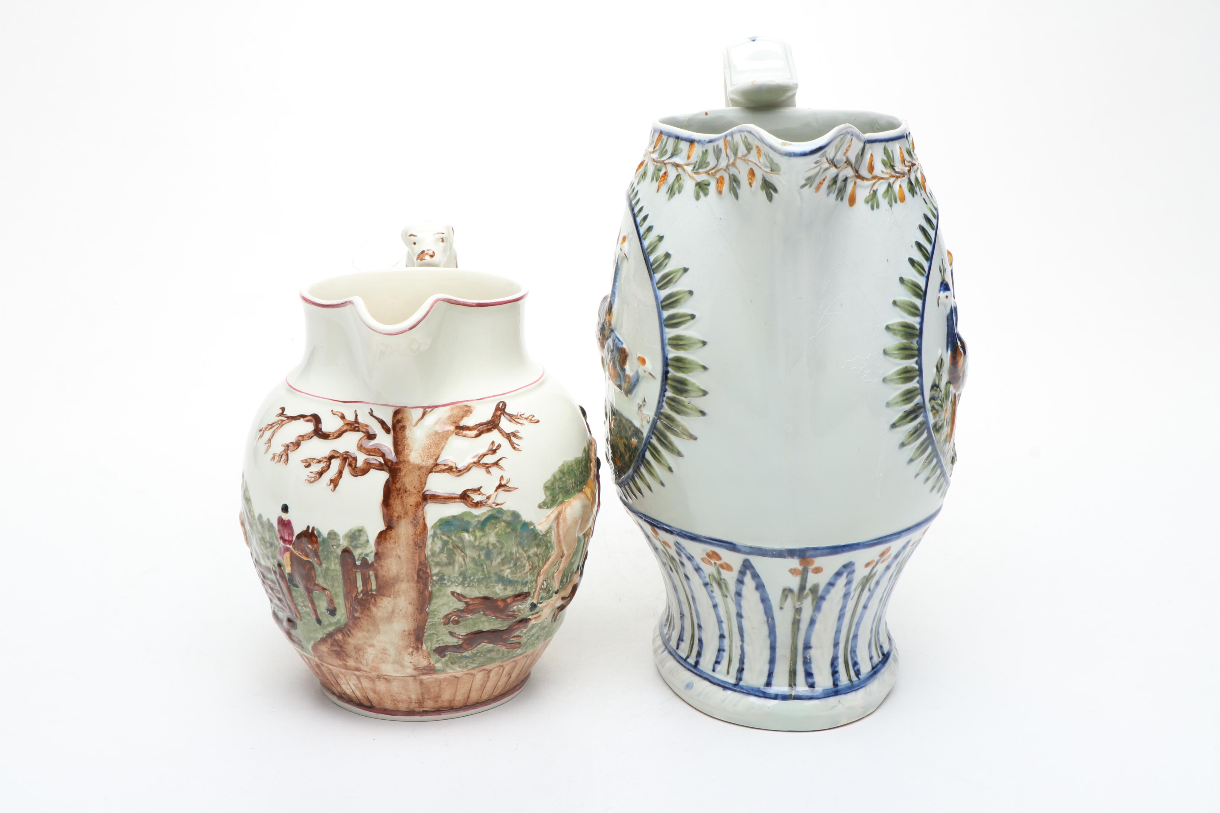 Wedgwood Dye Ken John Peel Hunt and Prattware Peacock Jugs with Other Decor