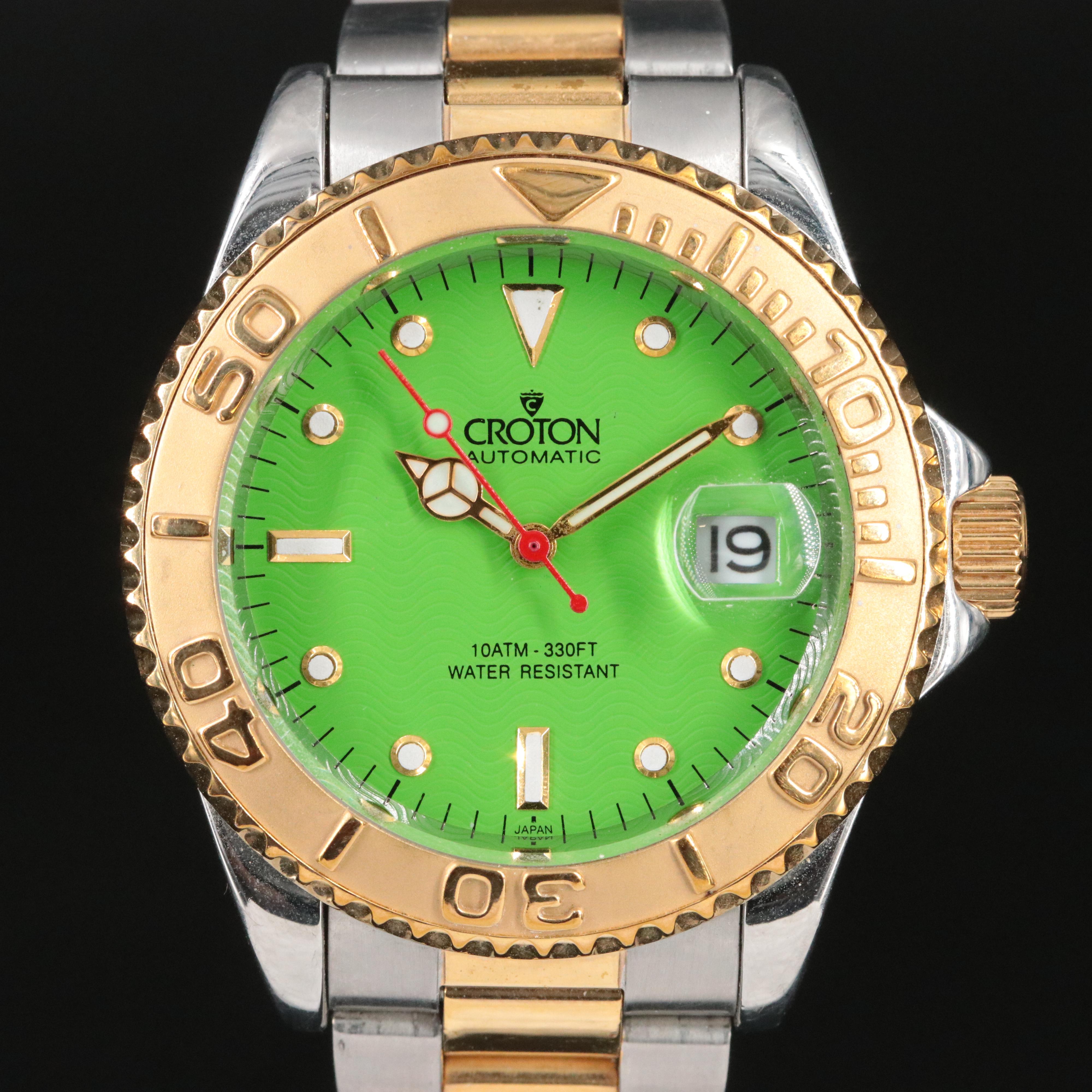 Croton Two Tone Green Wave Dial Date Watch