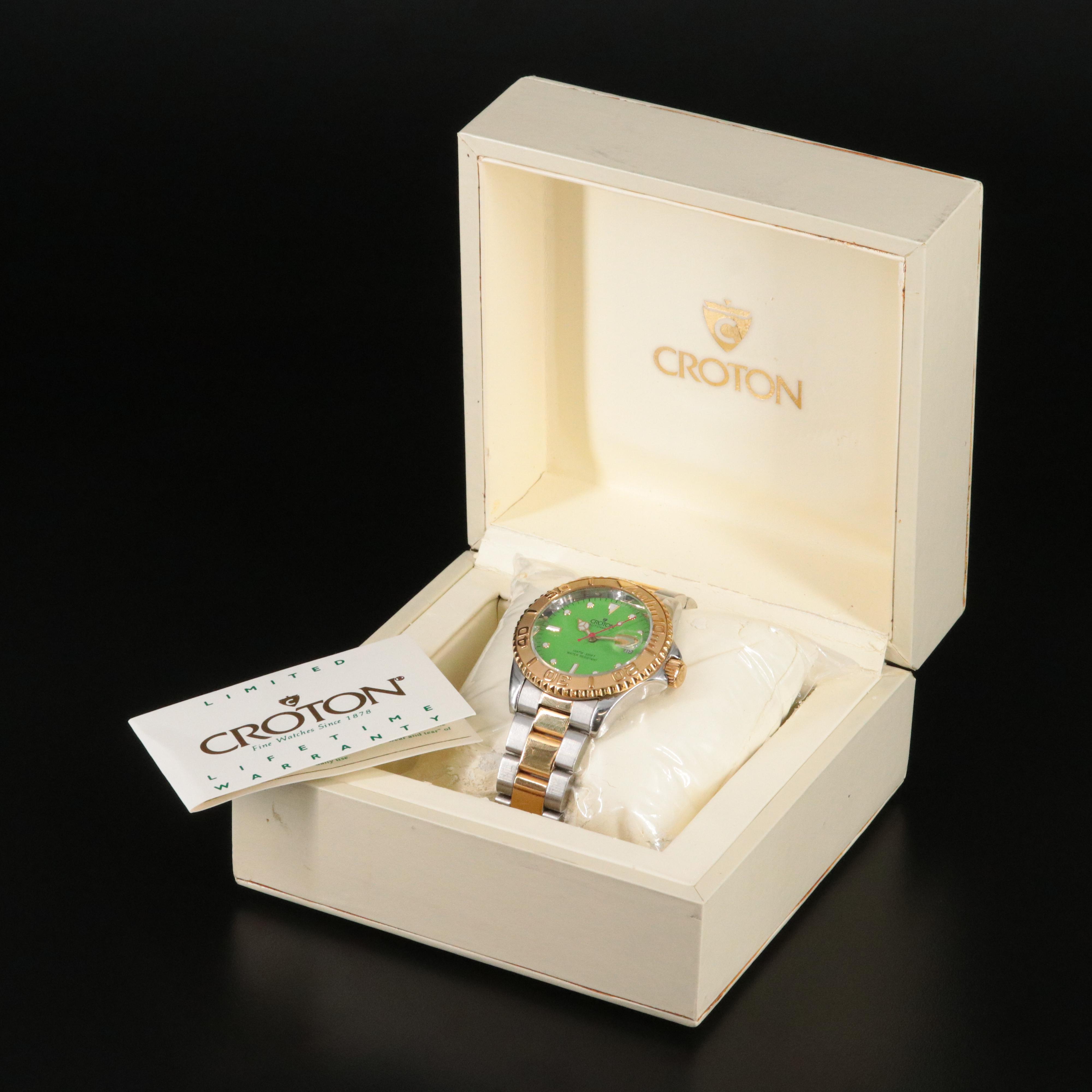 Croton Two Tone Green Wave Dial Date Watch