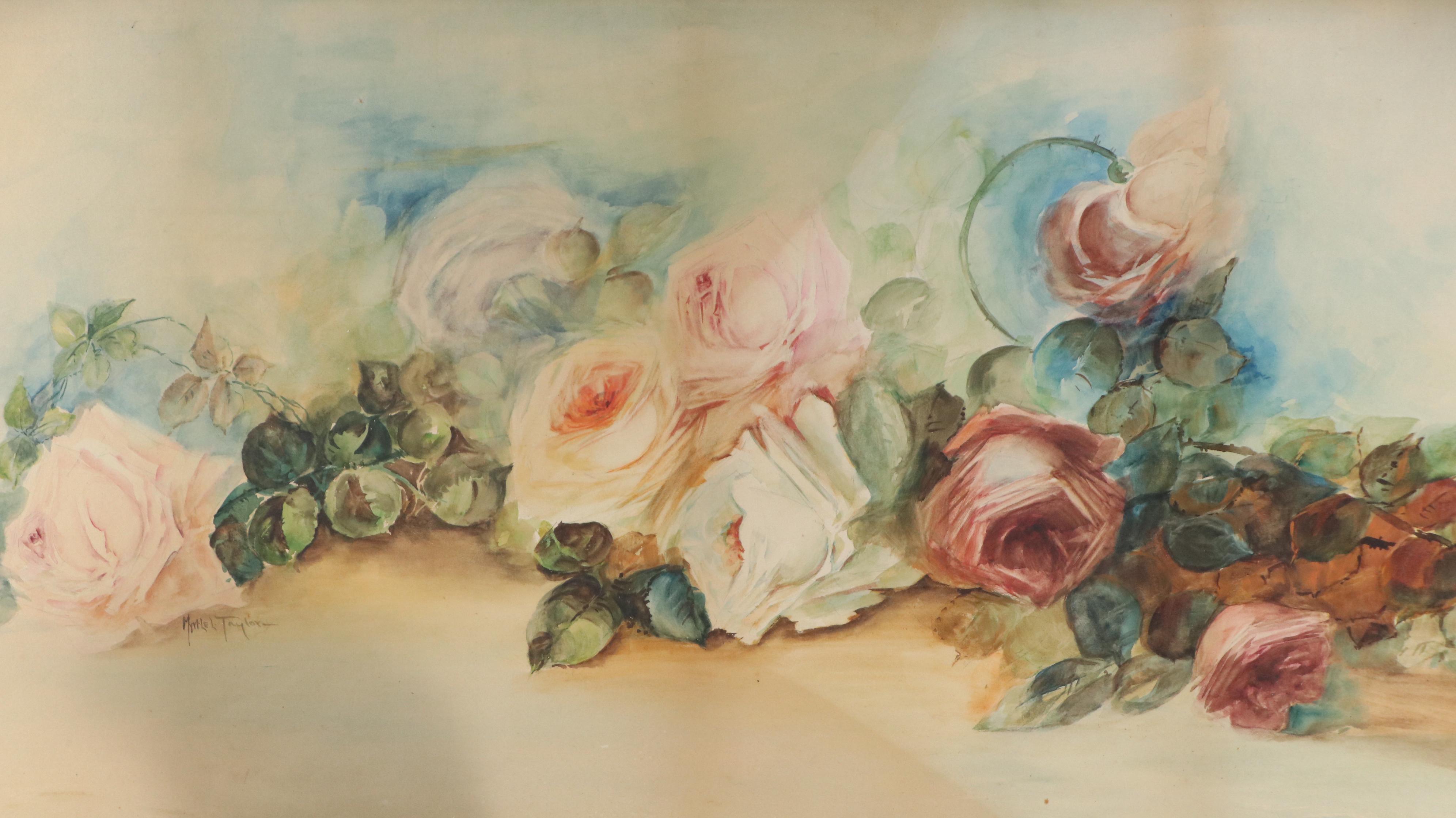 Myrtle L. Taylor Floral Still Life Watercolor Painting of Roses
