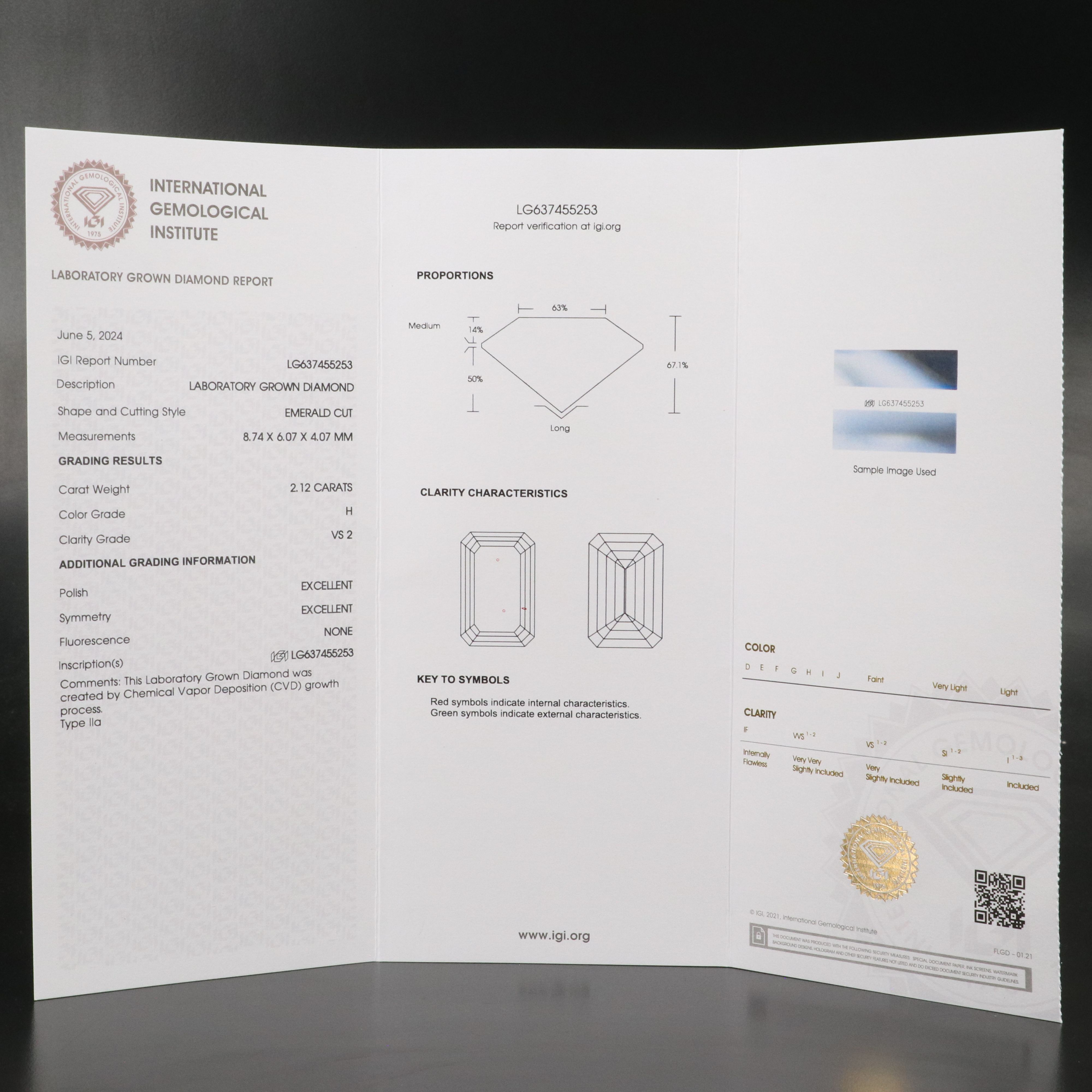 Loose 2.12 CT Lab Grown Diamond with IGI Report