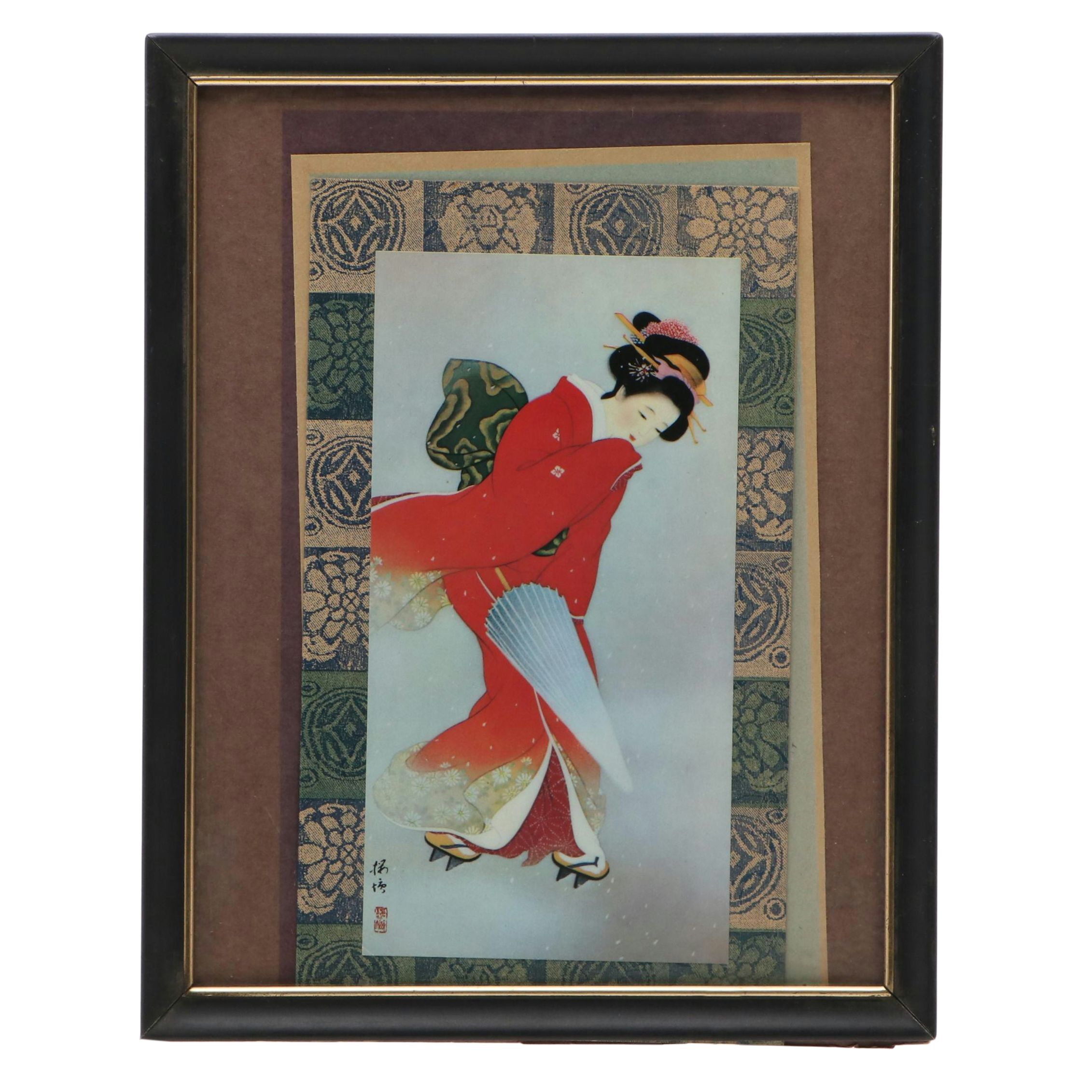 Offset Lithograph of Japanese Woman in a Red Kimono
