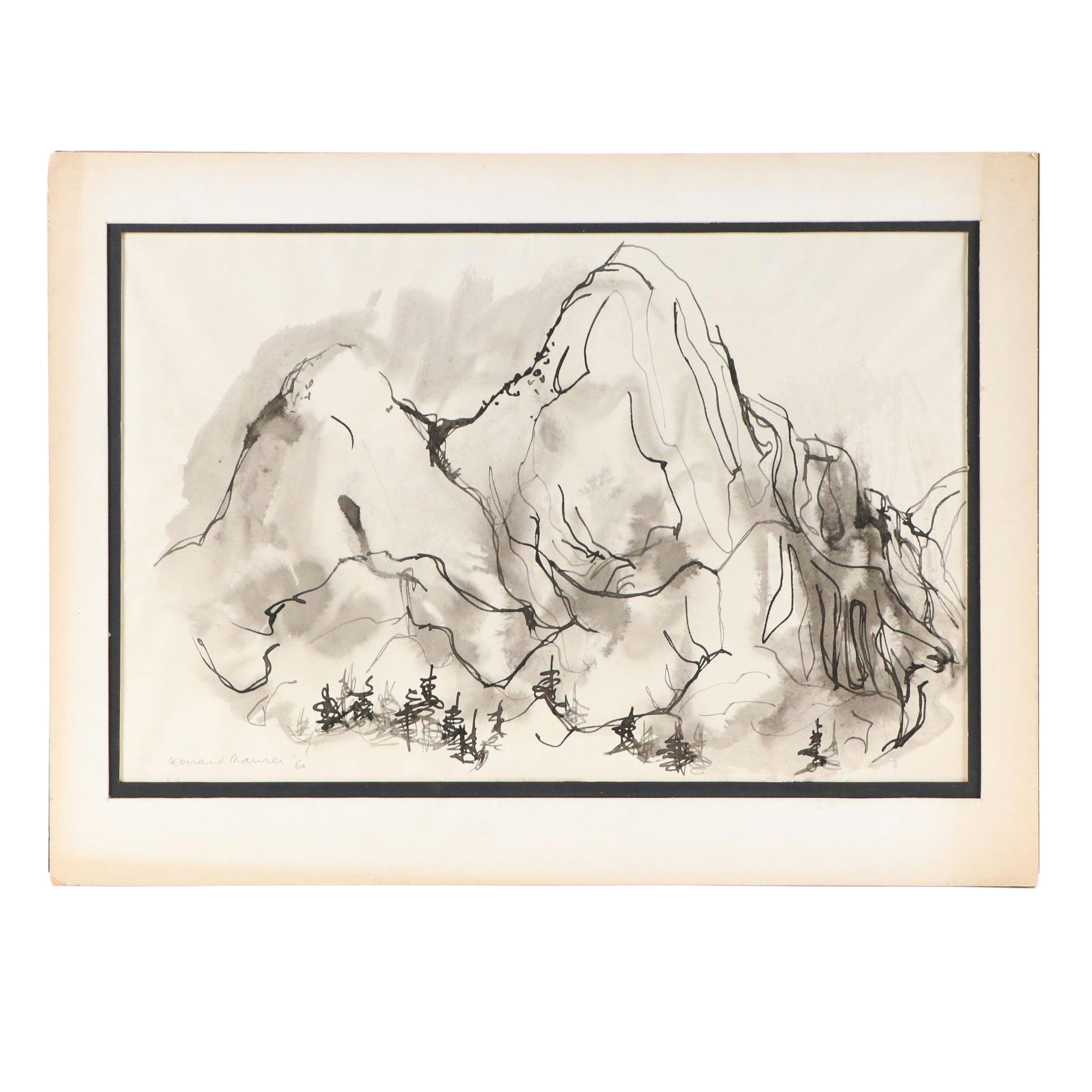 Leonard Maurer Modern Figural Ink Wash Painting, 1960