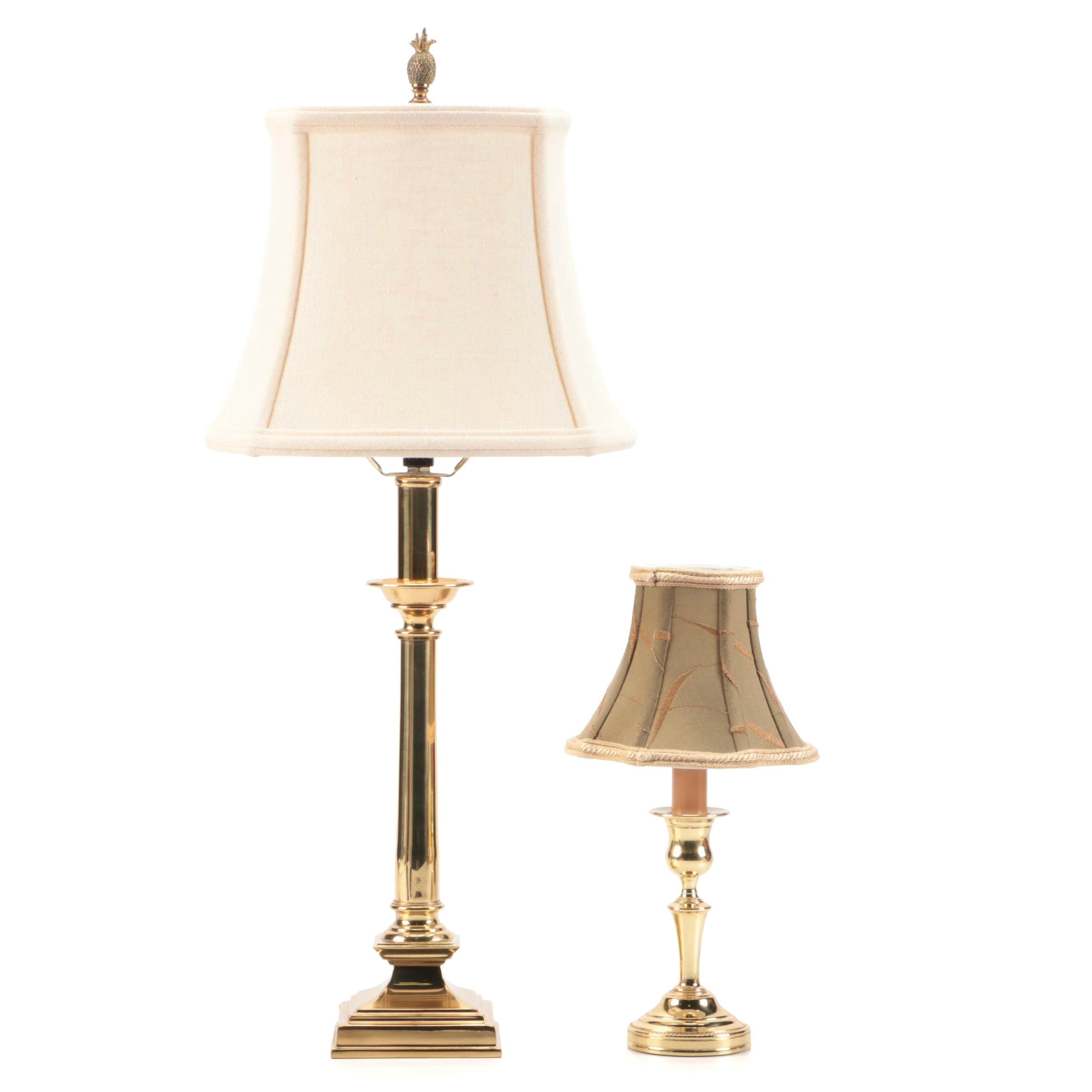 Lacquered Brass Table and Accent Lamps with Silk and Embroidered Shades