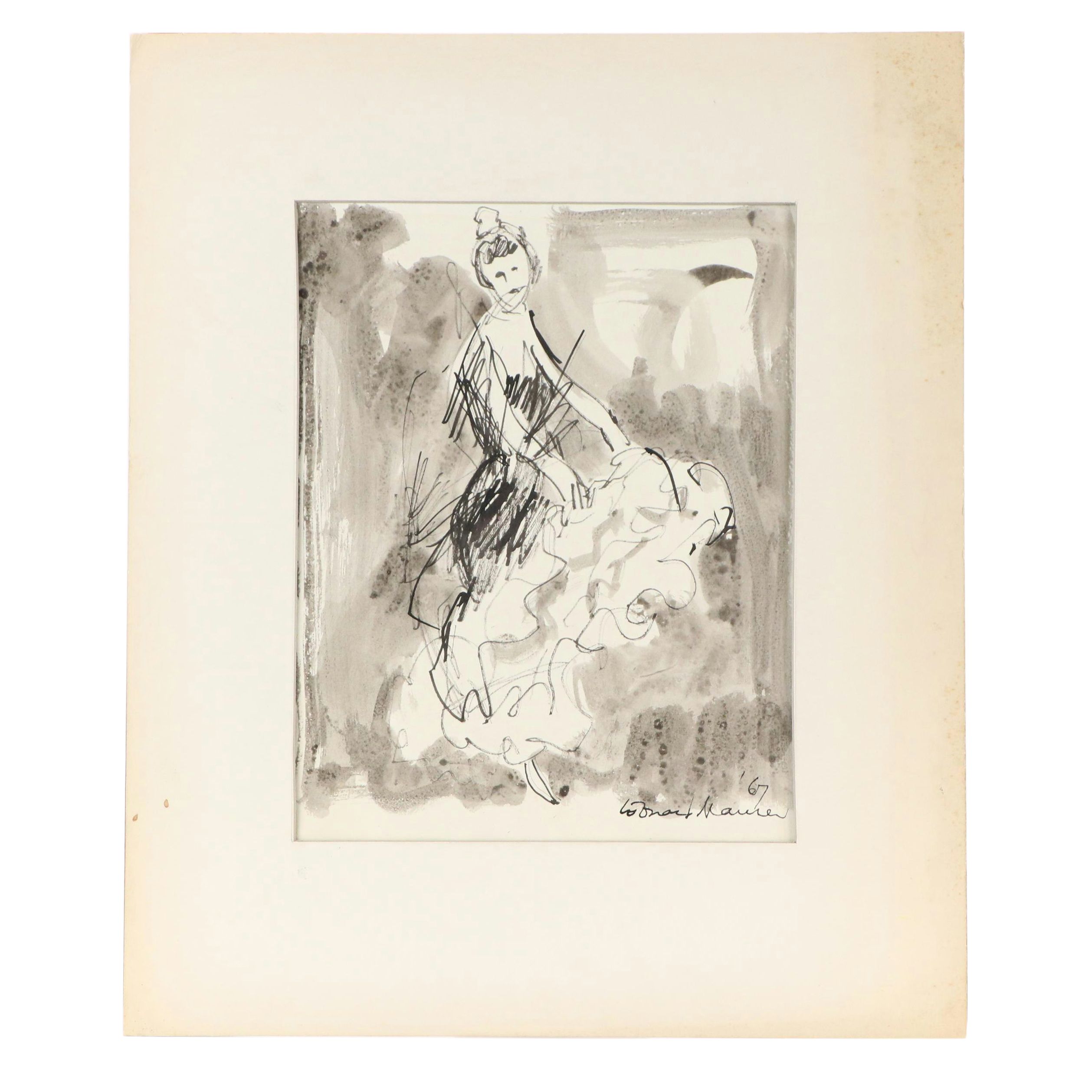 Leonard Maurer Modern Figural Ink Wash Painting, 1967