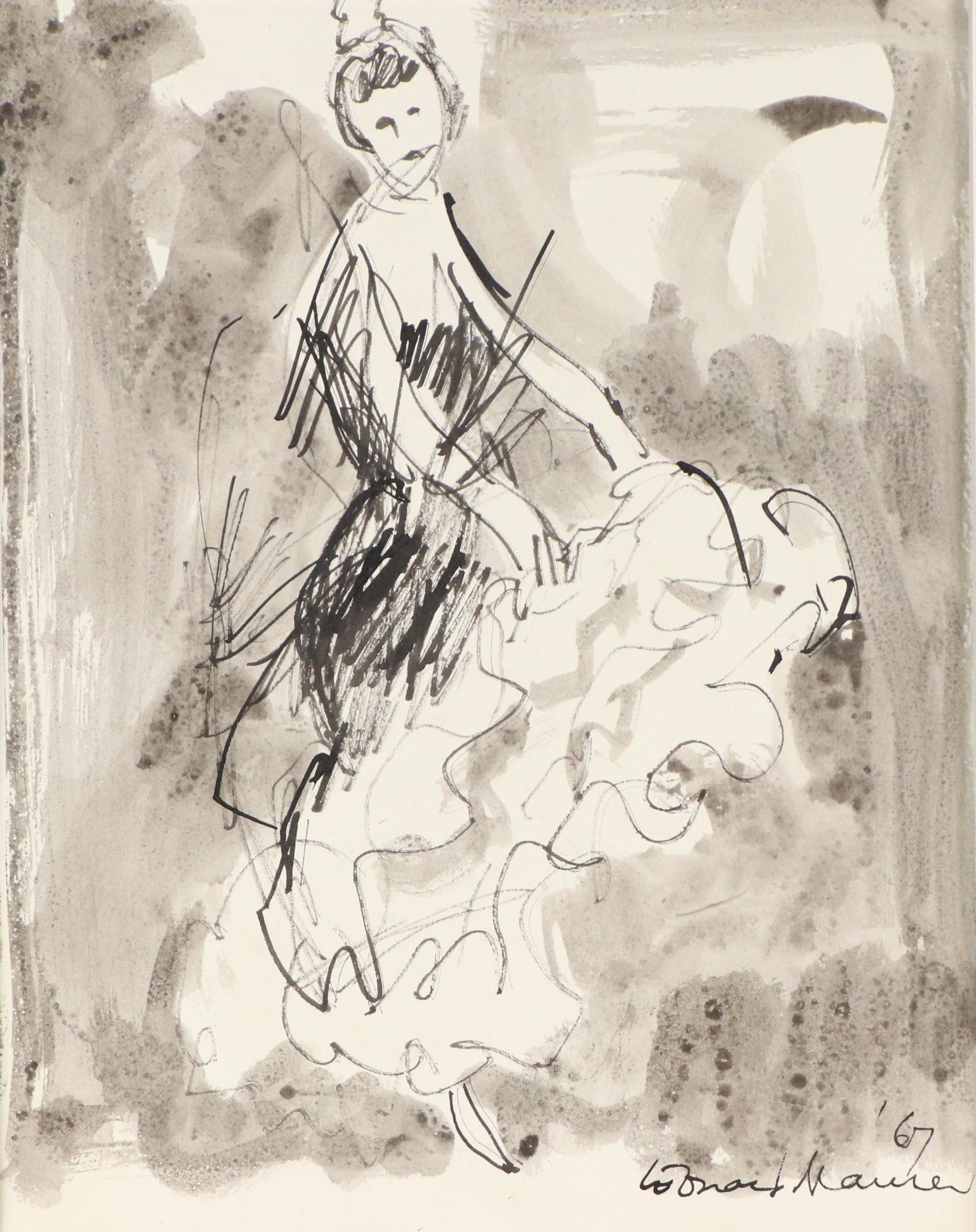 Leonard Maurer Modern Figural Ink Wash Painting, 1967