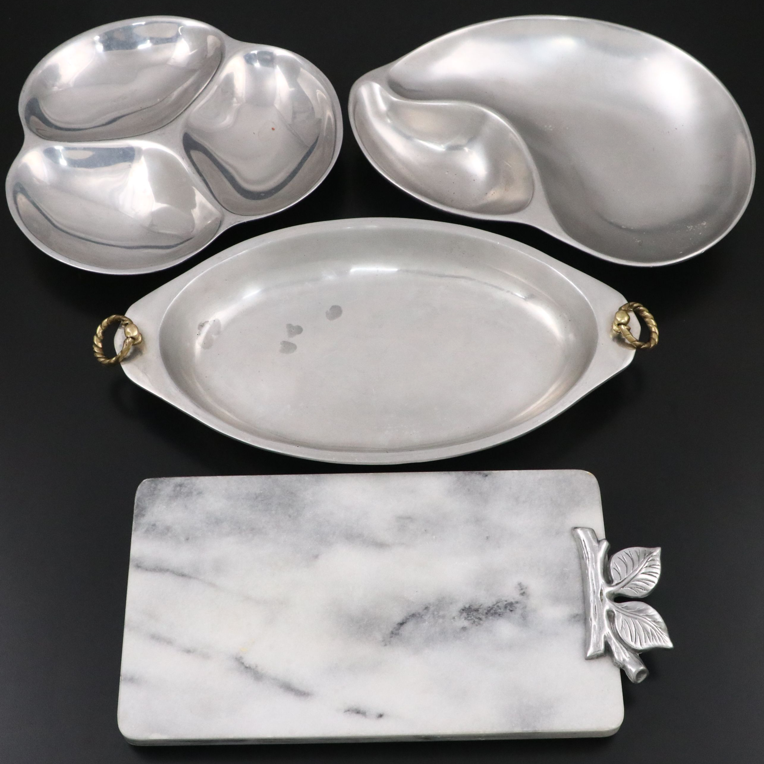 Modern Style Sectioned Metal Serving Bowls, Stone Cutting Board and Serving Dish