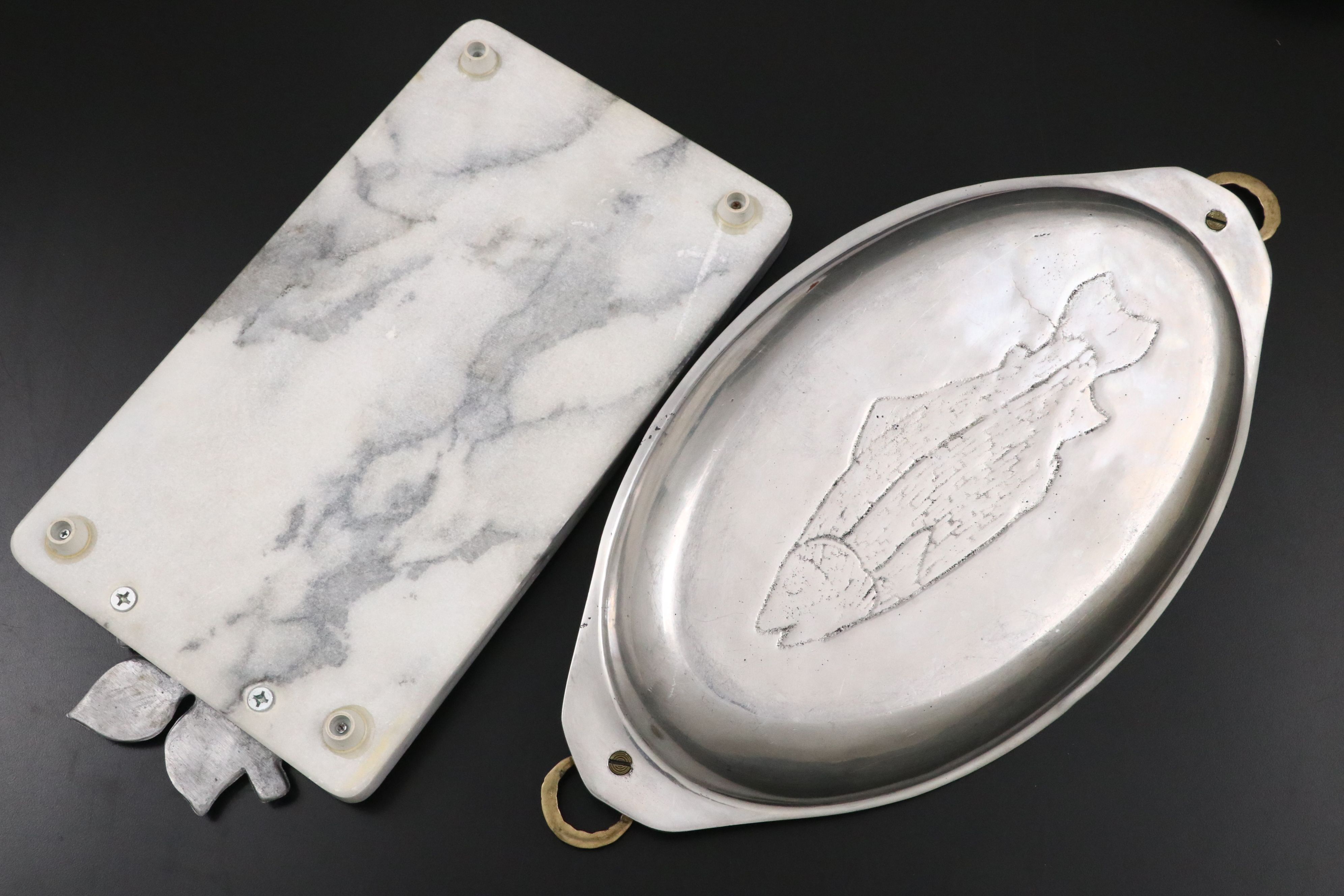 Modern Style Sectioned Metal Serving Bowls, Stone Cutting Board and Serving Dish