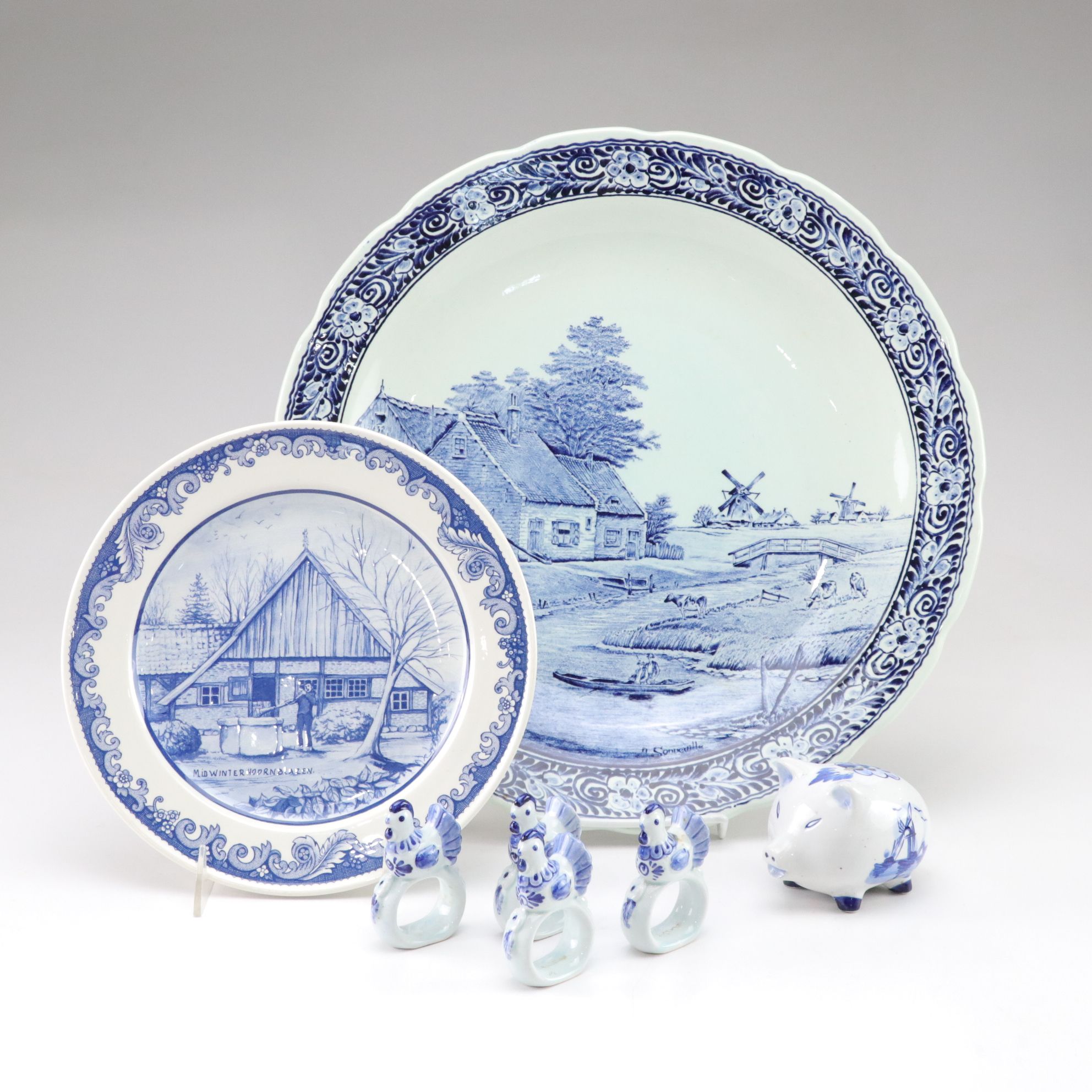 Delft Porcelain Wall Plates, Napkin Rings & Piggy Bank