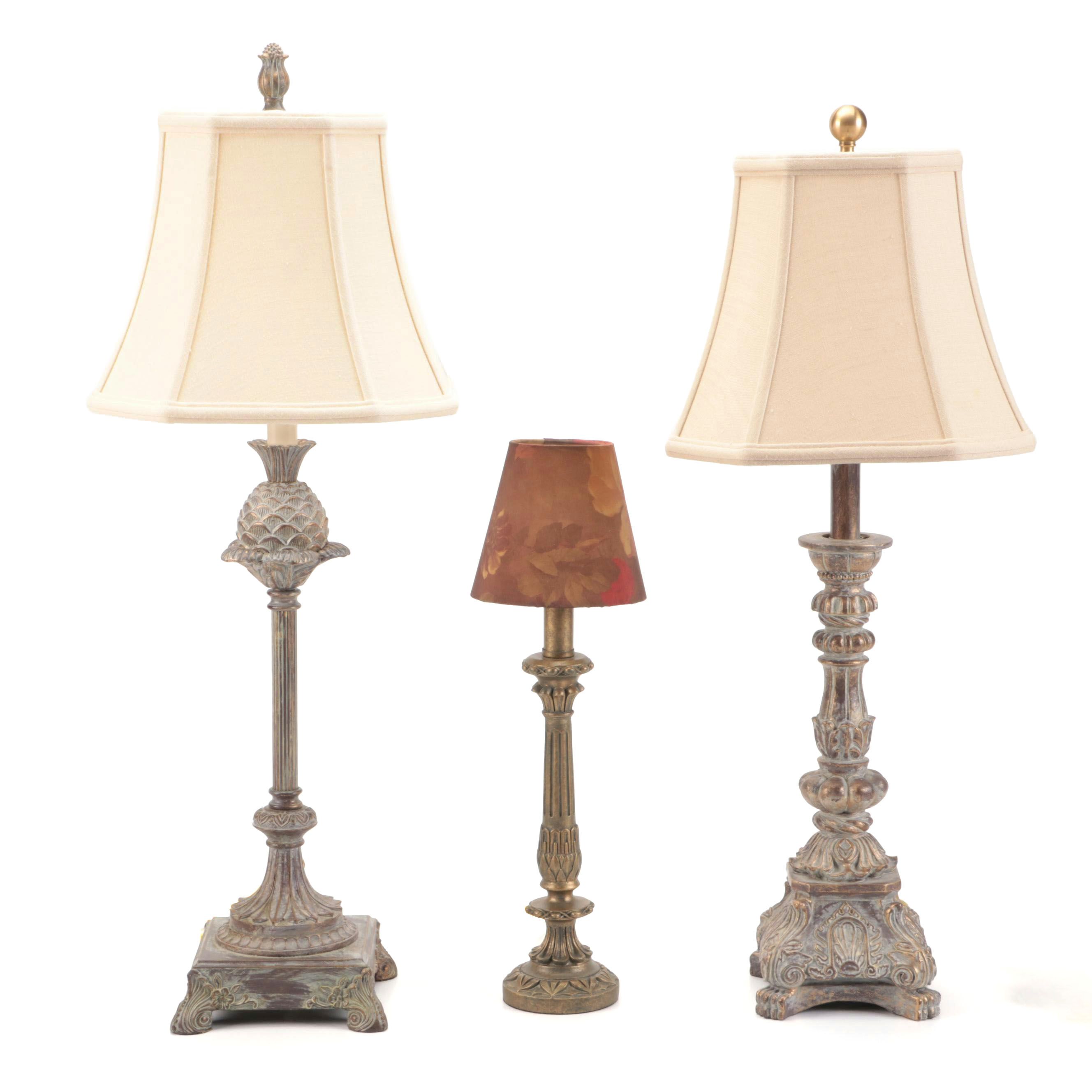 Three Distressed Wood Finish Candlestick and Baluster Table Lamps, Silk Shades