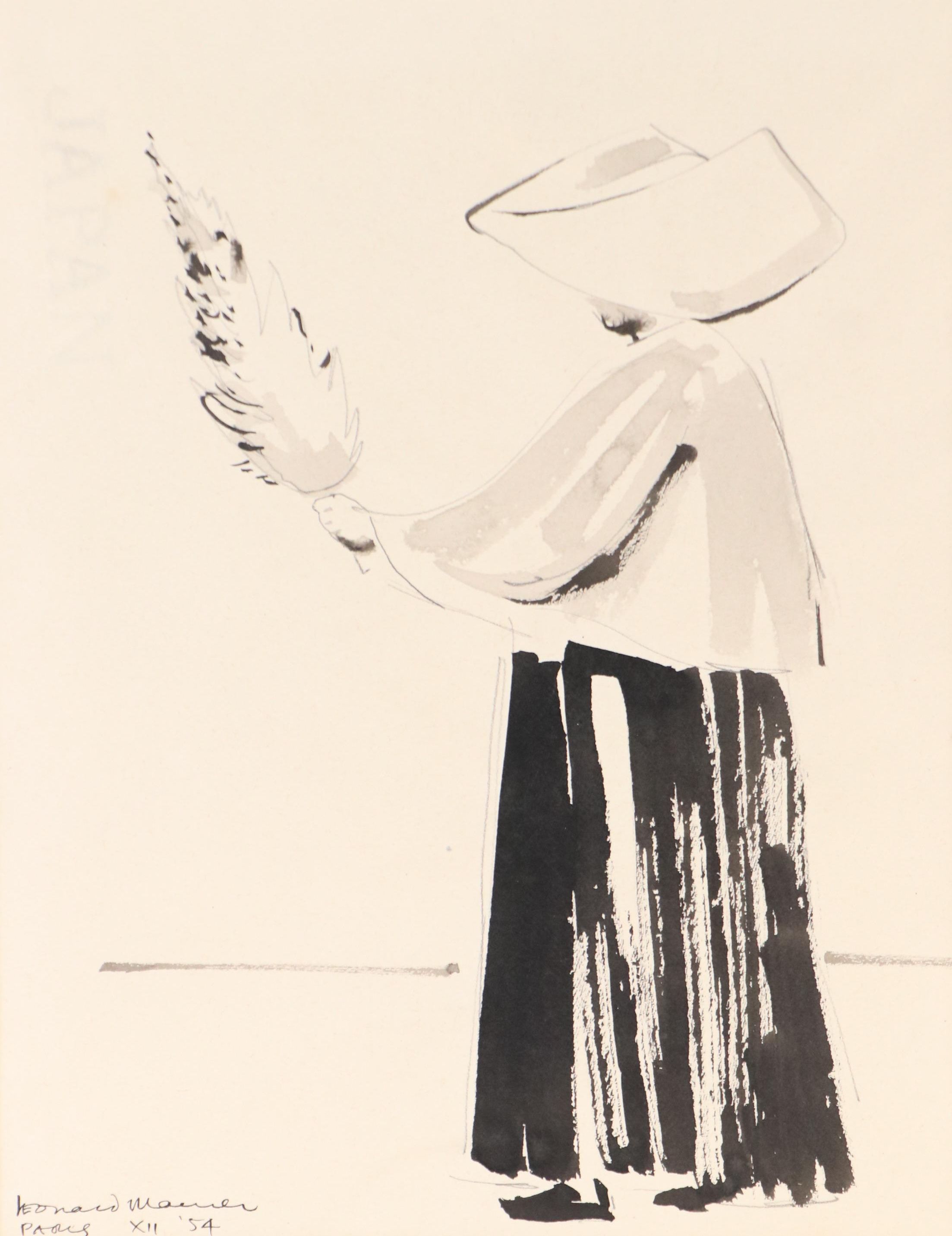 Leonard Maurer Modern Figural Ink Wash Painting "Paris," 1954