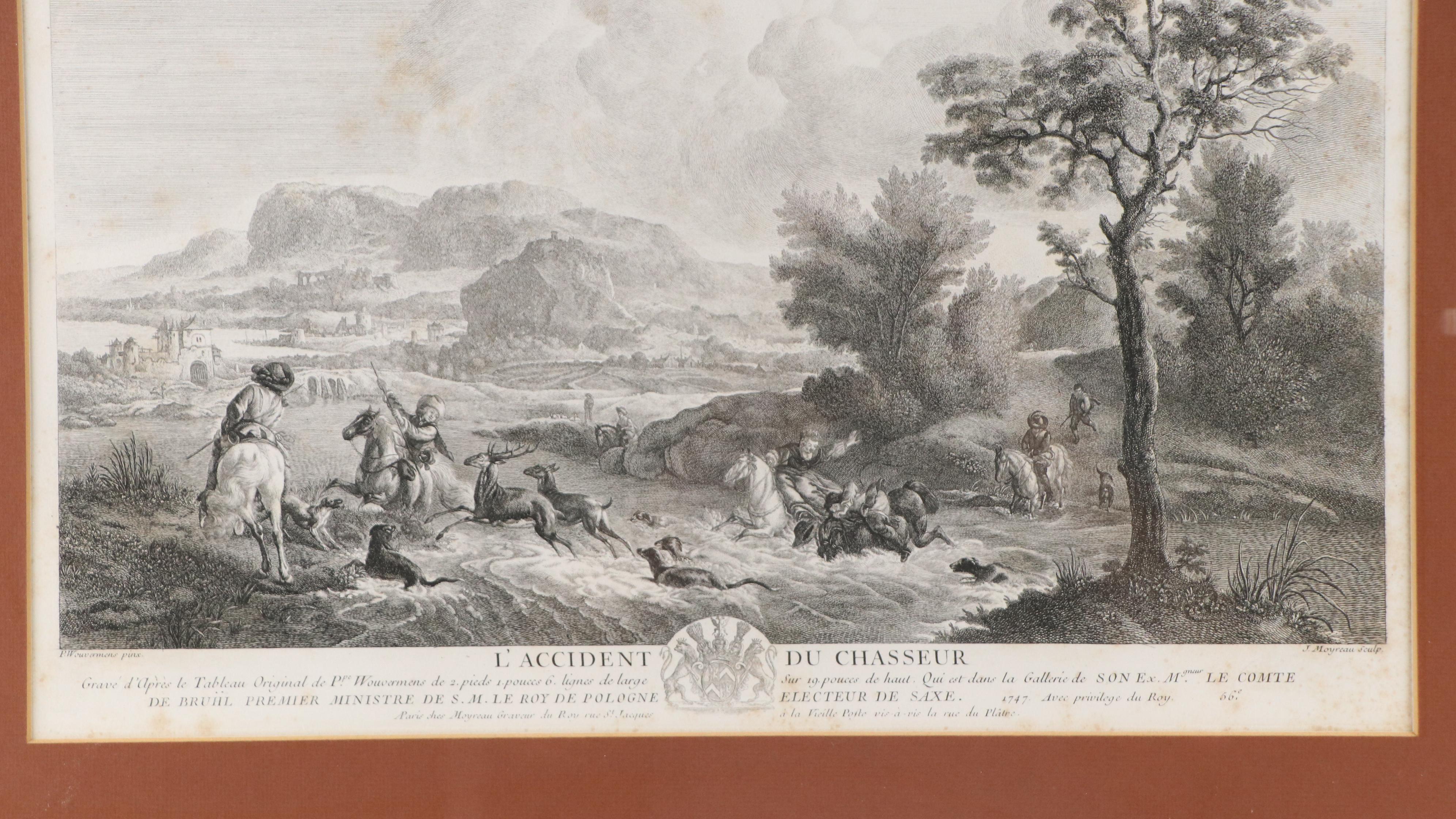 French School Engraving After Philips Wouwerman "L'Accident du Chasseur," 1747