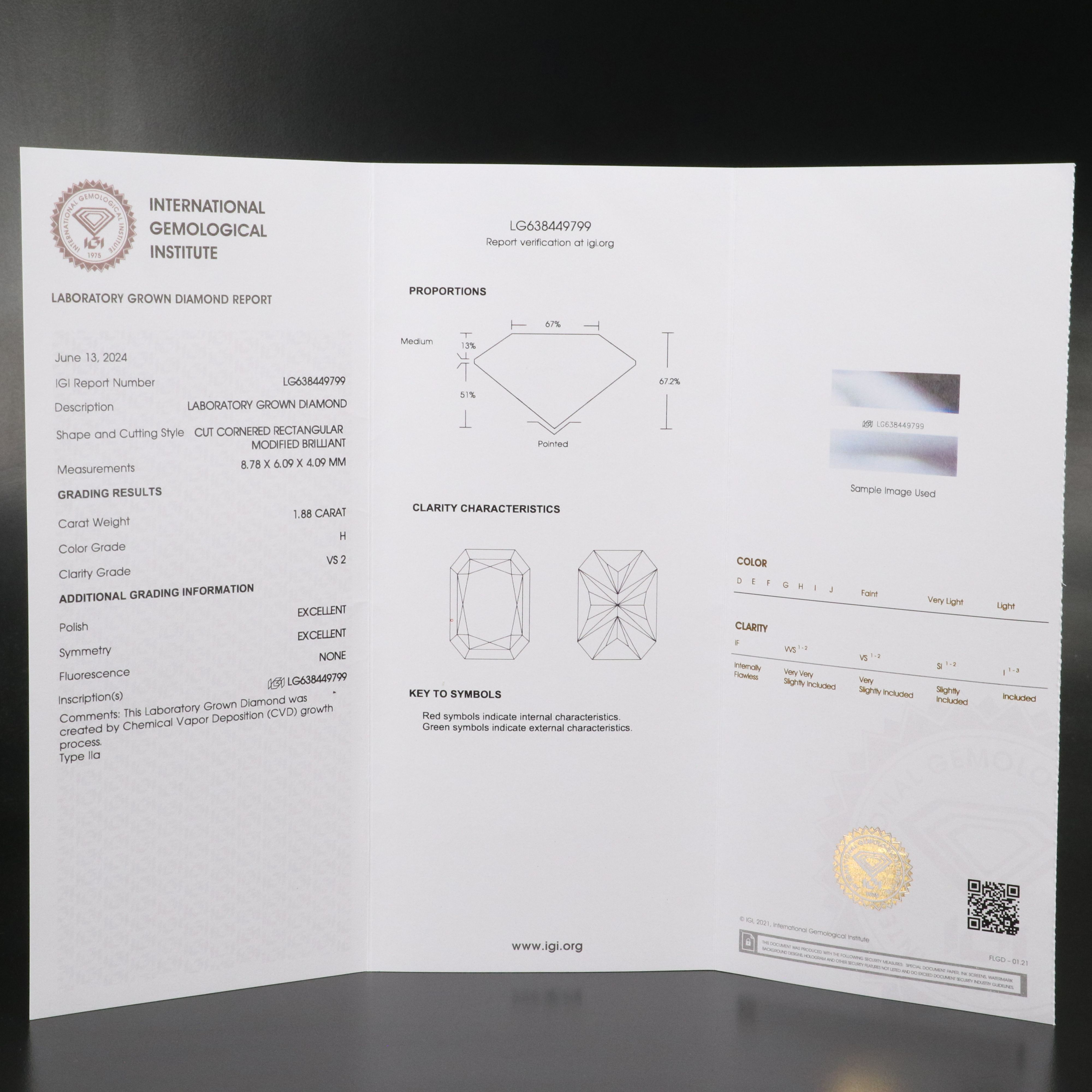 Loose 1.88 CT Lab Grown Diamond with IGI Report